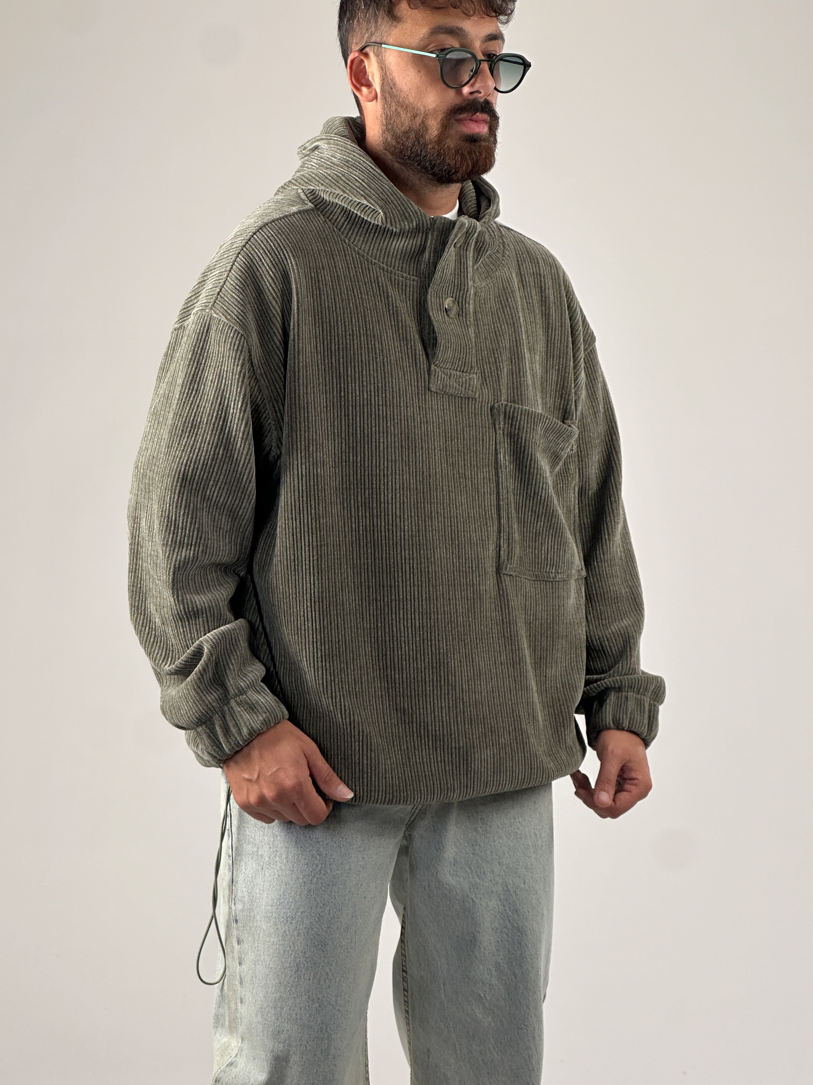 Kadife Dokulu Haki Oversize Kapüşonlu Erkek Sweatshirt