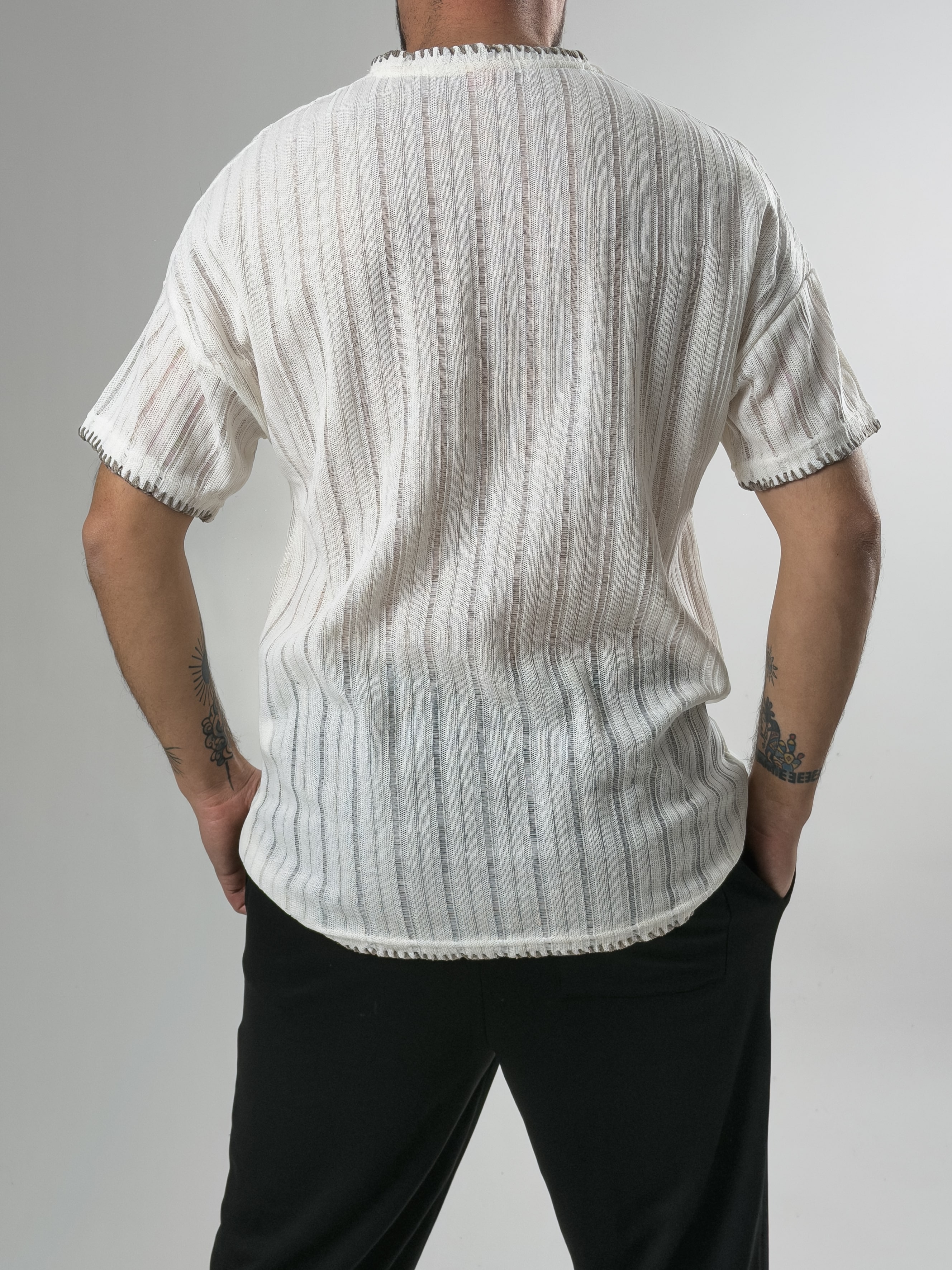 Yaka İp Detaylı Tasarım Erkek Ekru T-Shirt COC2610