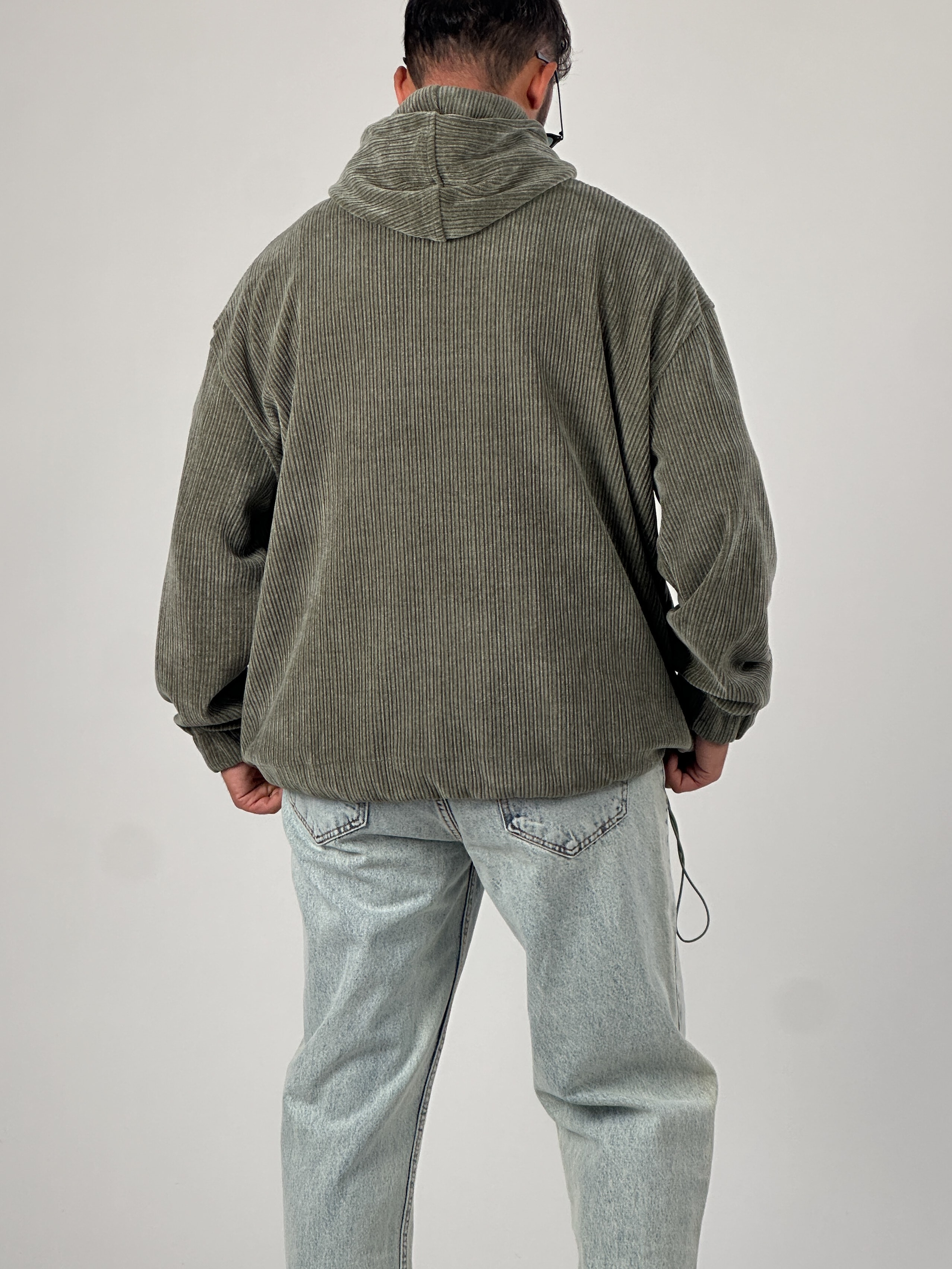 Kadife Dokulu Haki Oversize Kapüşonlu Erkek Sweatshirt