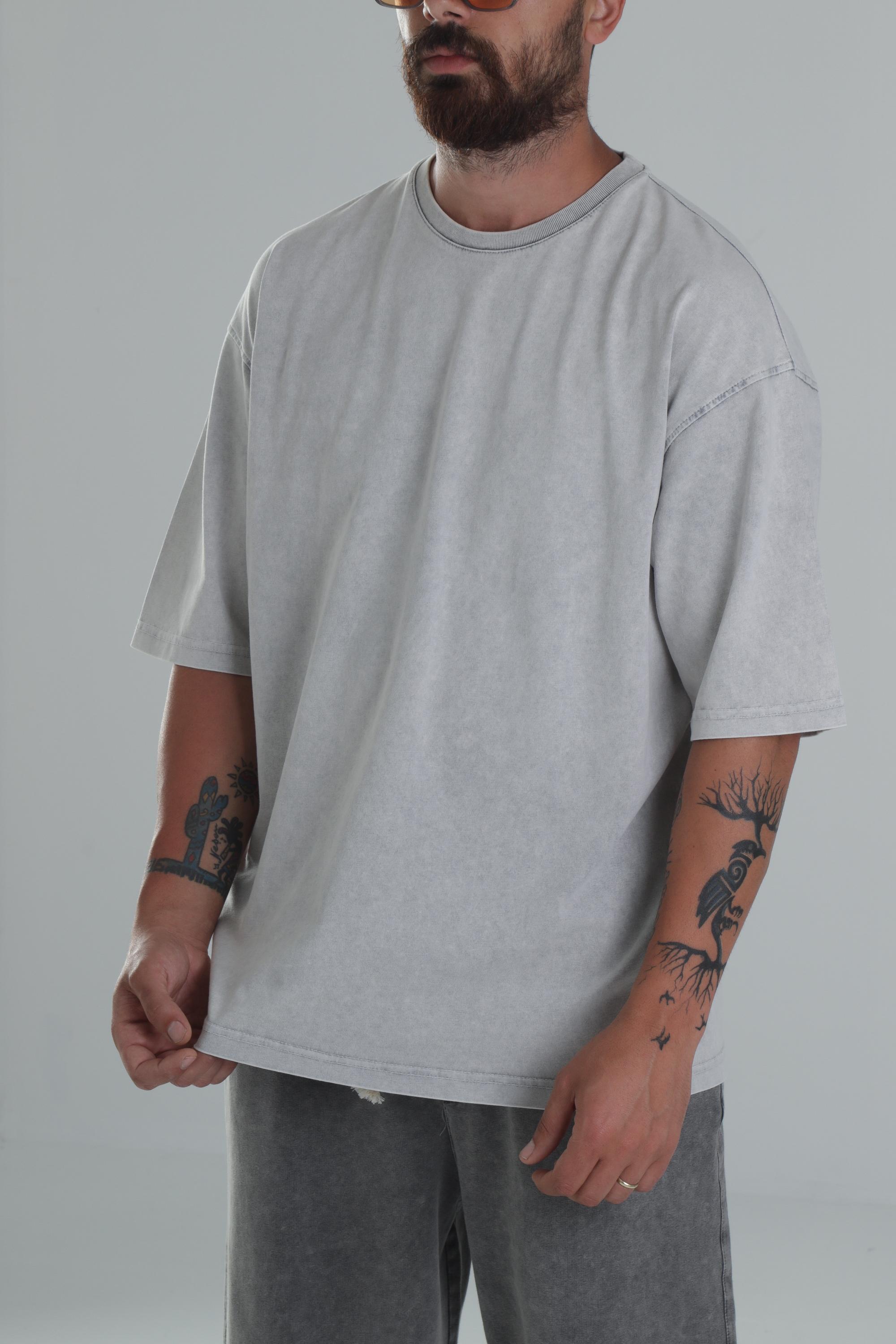 Yıkamalı Gri Oversize T-Shirt