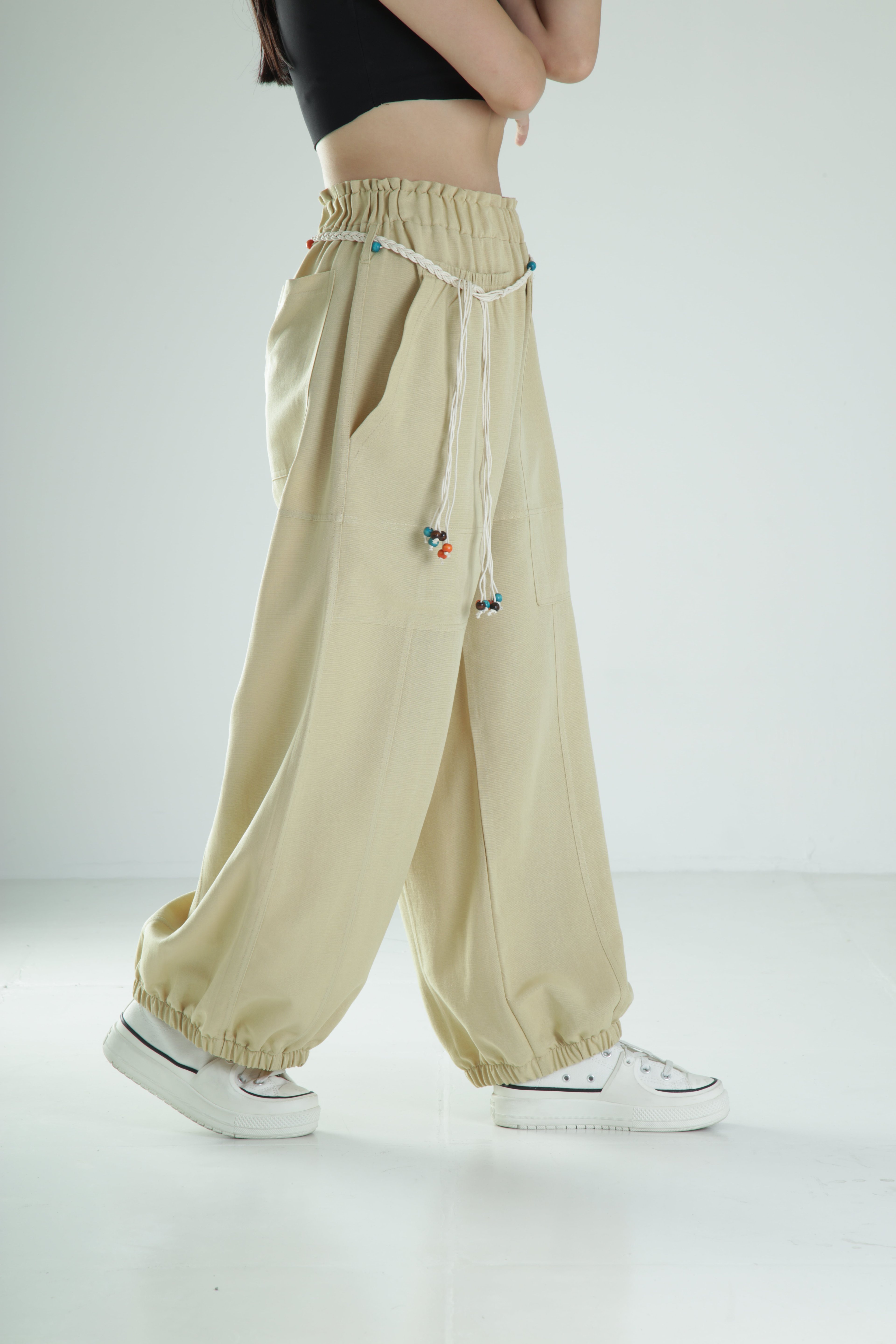 Tasarım Keten Açık Yeşil Baggy Pantolon
