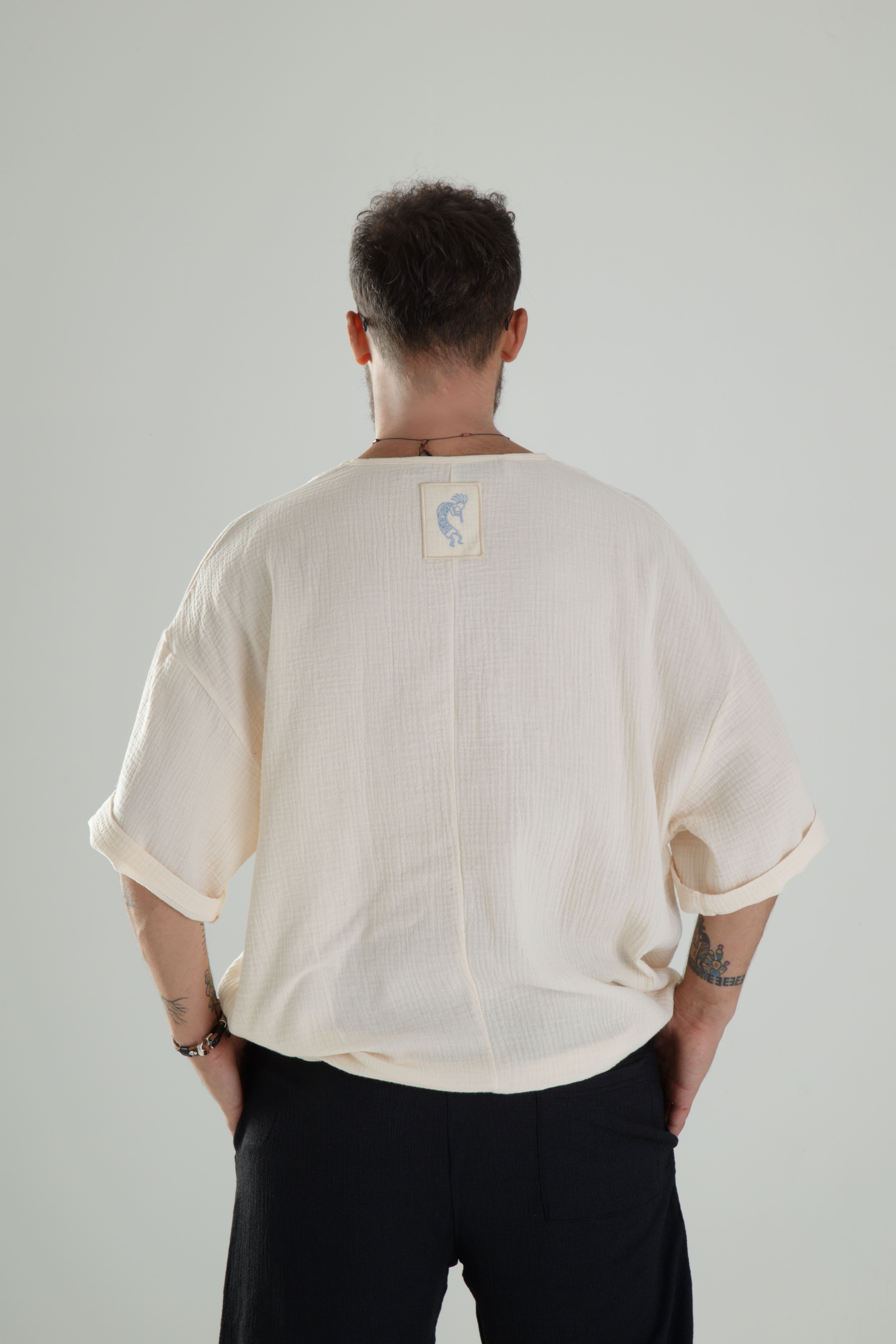 Bej Müslin Kumaş Oversize Fakir Kol T-Shirt