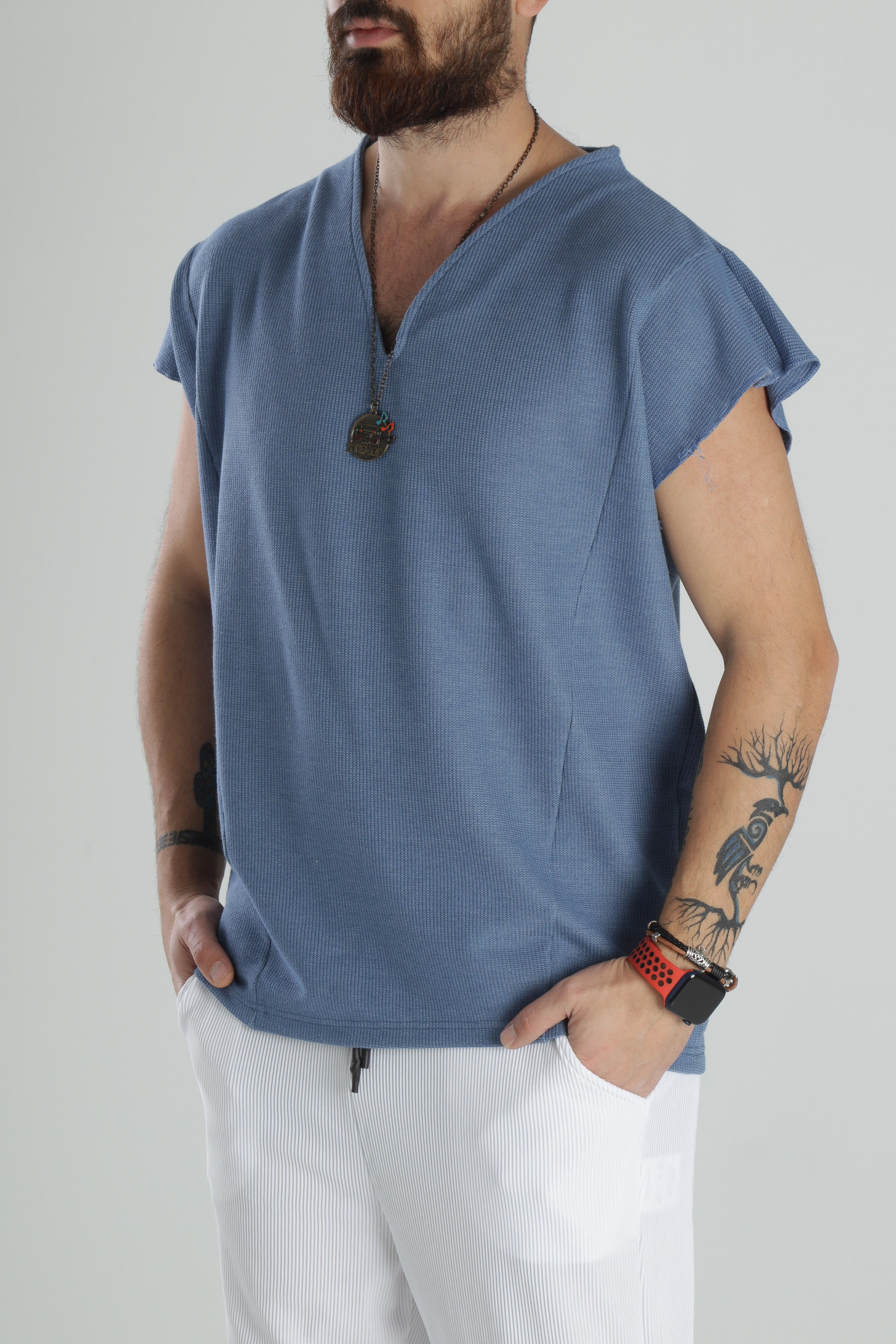 Mavi Pamuk Sıfır Kol T-Shirt