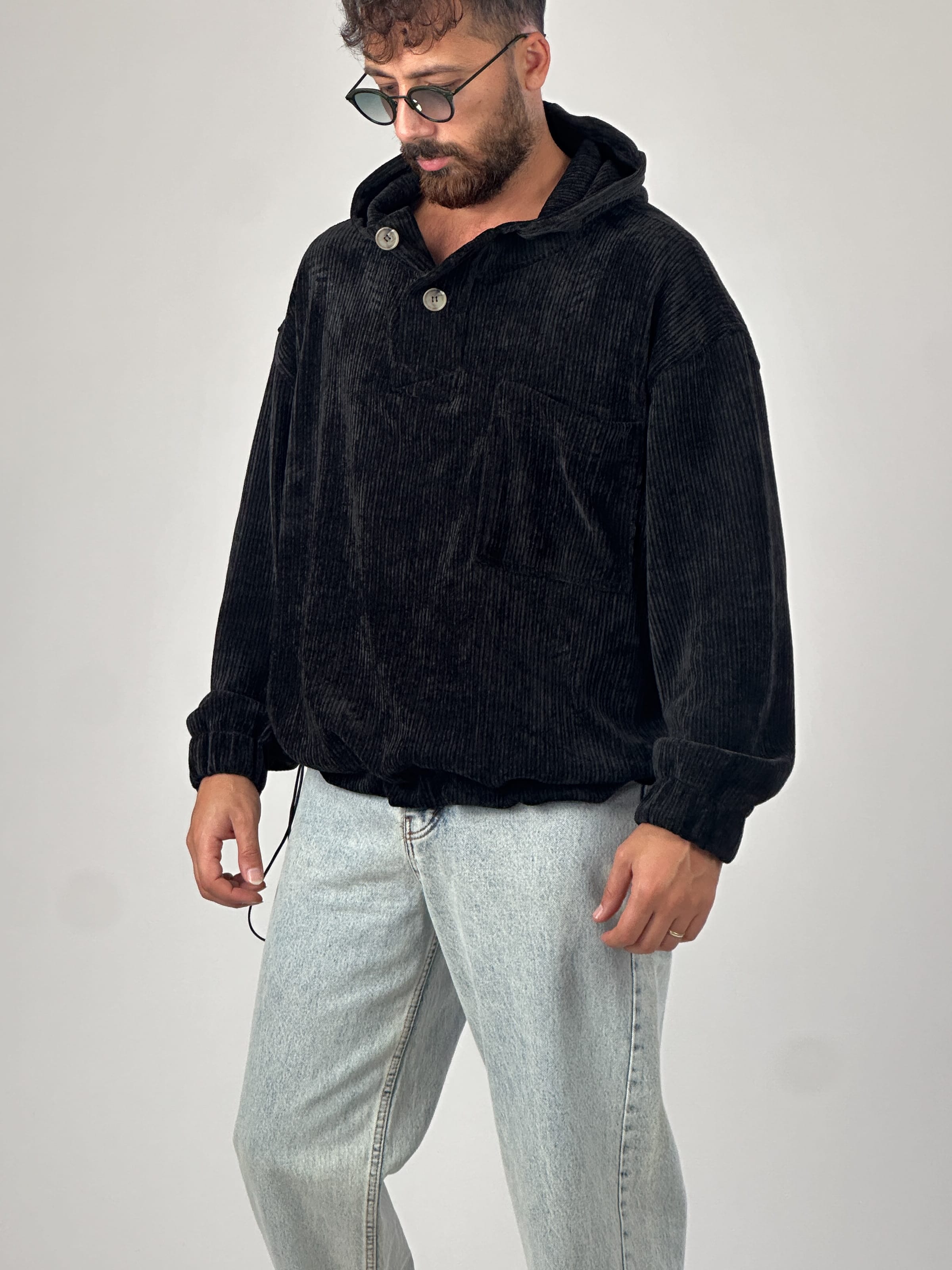 Kadife Dokulu Siyah Oversize Kapüşonlu Erkek Sweatshirt