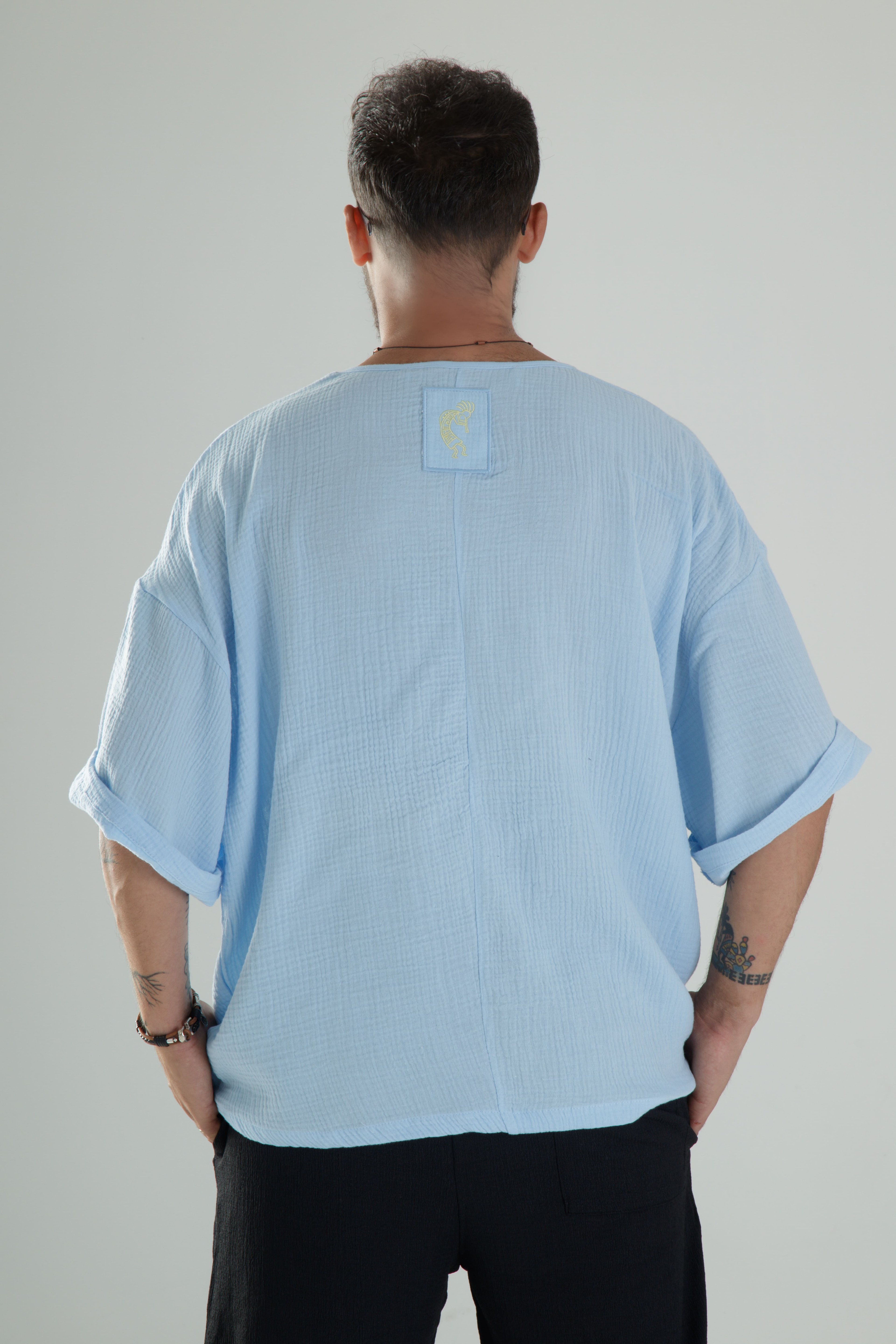 Mavi Müslin Kumaş Oversize Fakir Kol T-Shirt