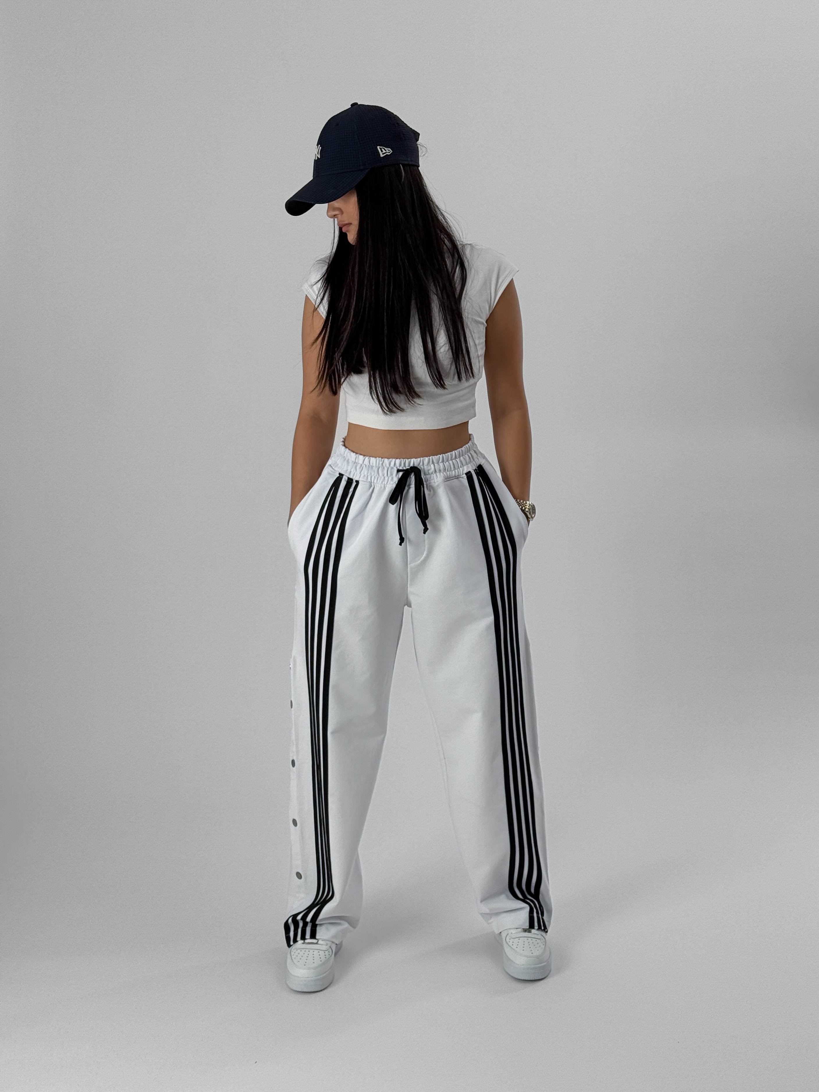 Kadın Şeritli Beyaz Baggy Pantolon