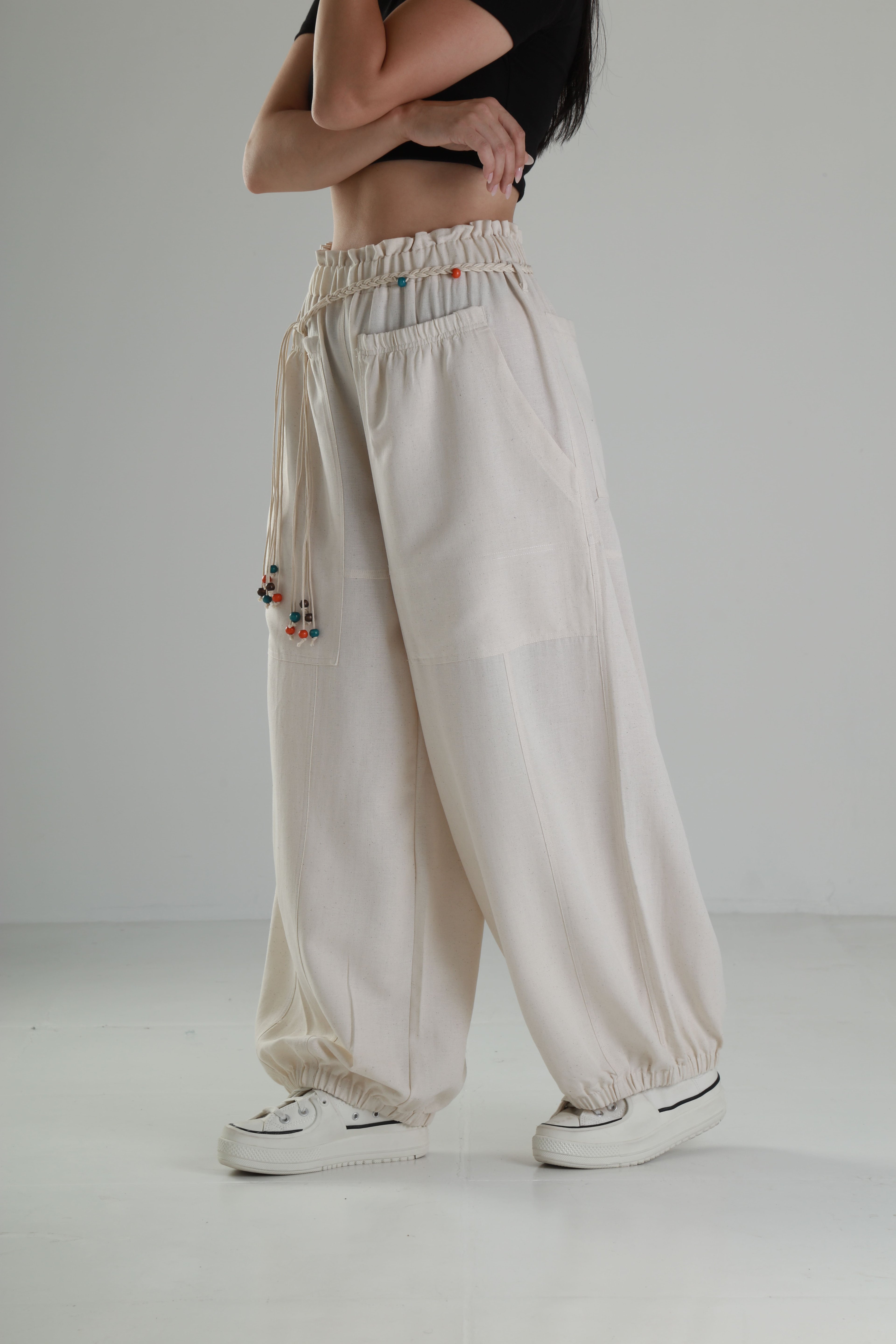 Tasarım Keten Bej Baggy Pantolon