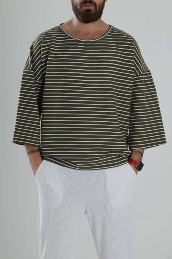 Yan Çizgi Yeşil Fakir Kol t-shirt