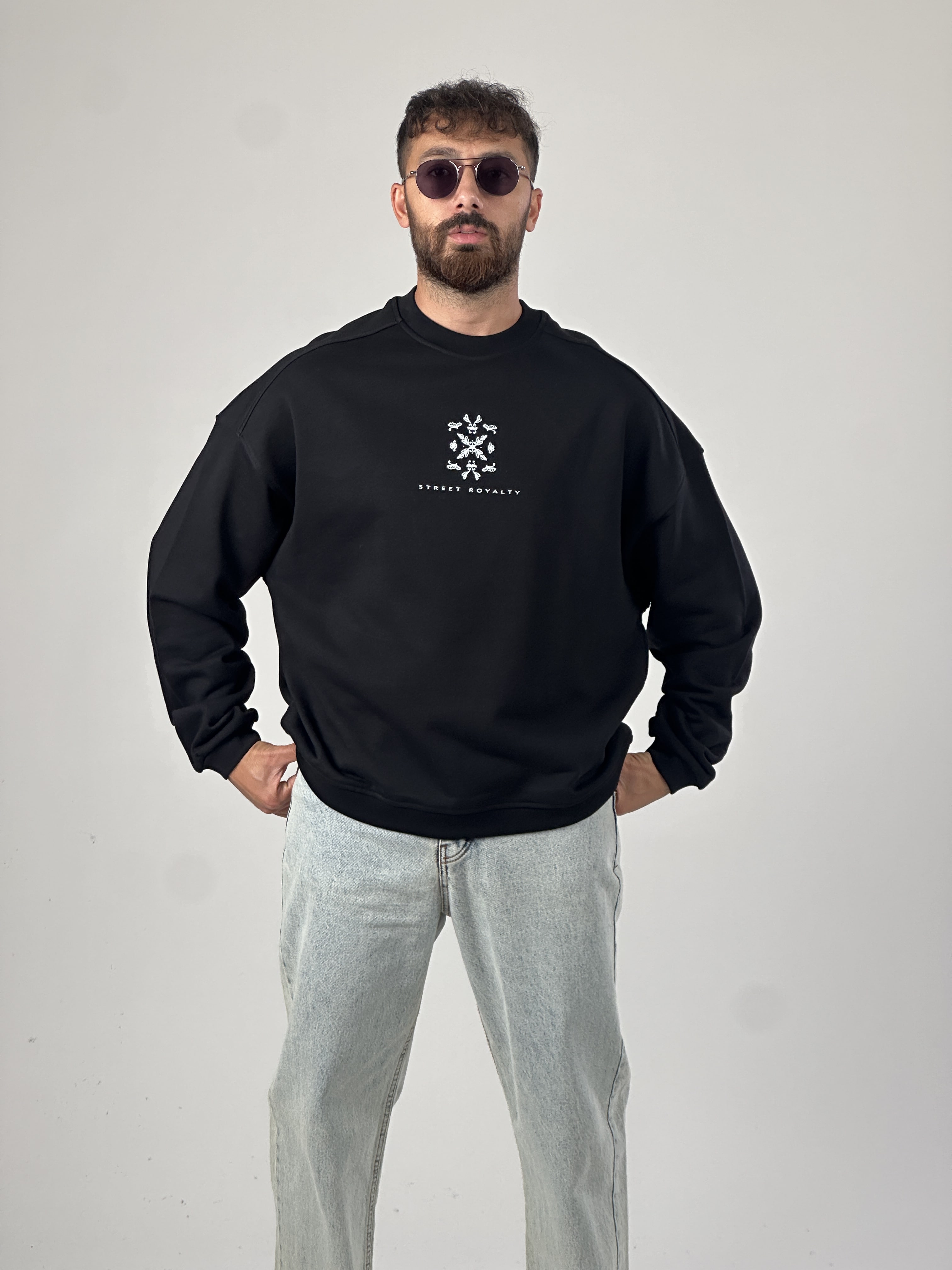 Etnik Desenli Tasarım Erkek Siyah Sweatshirt