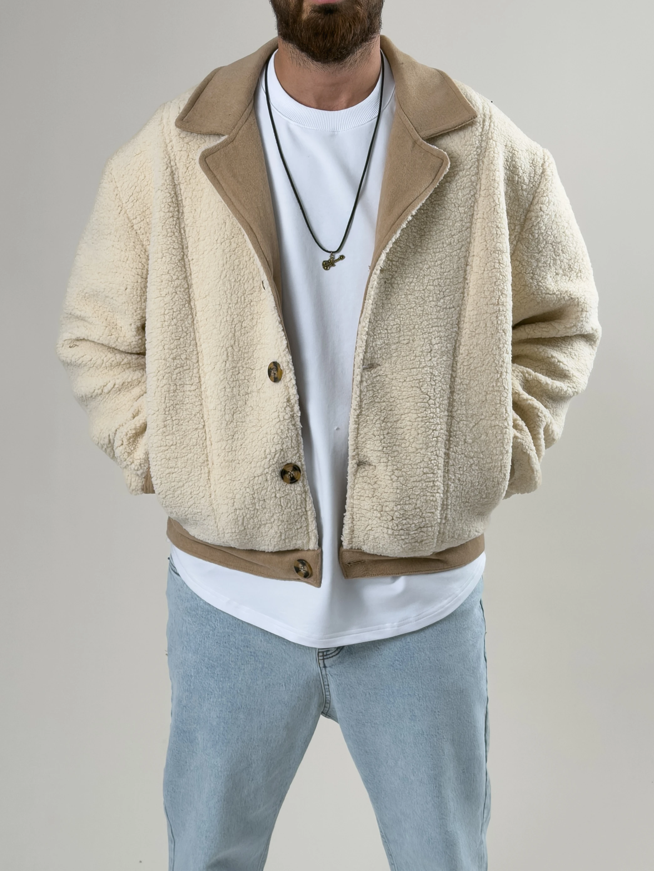 Erkek Kaşe Detaylı Ekru Peluş Hırka COC2585