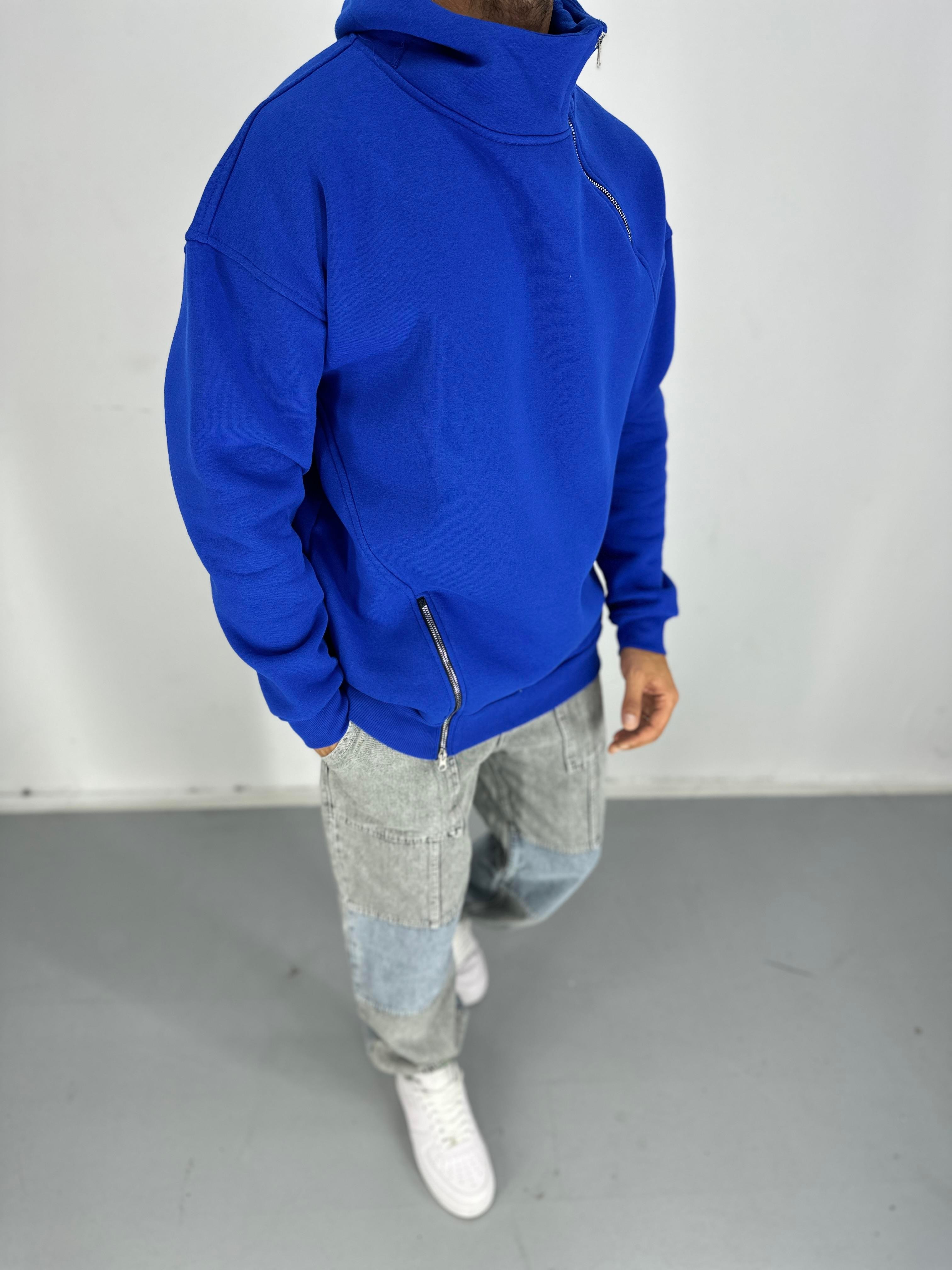 Erkek Üç İplik Şardonlu Fermuarlı Mavi Hoodie