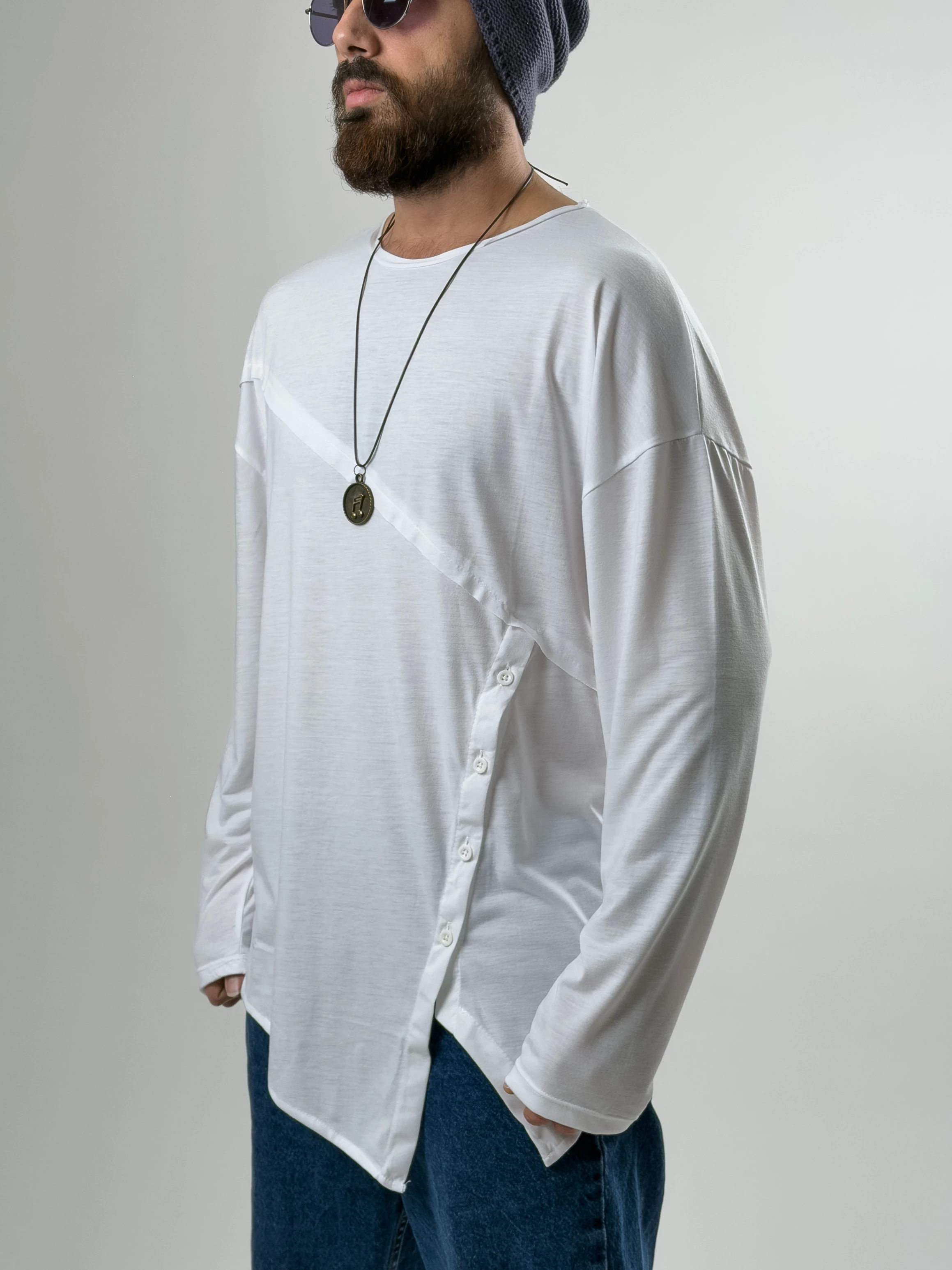 Tasarım Düğme Detaylı Beyaz Erkek Sweat COC2633