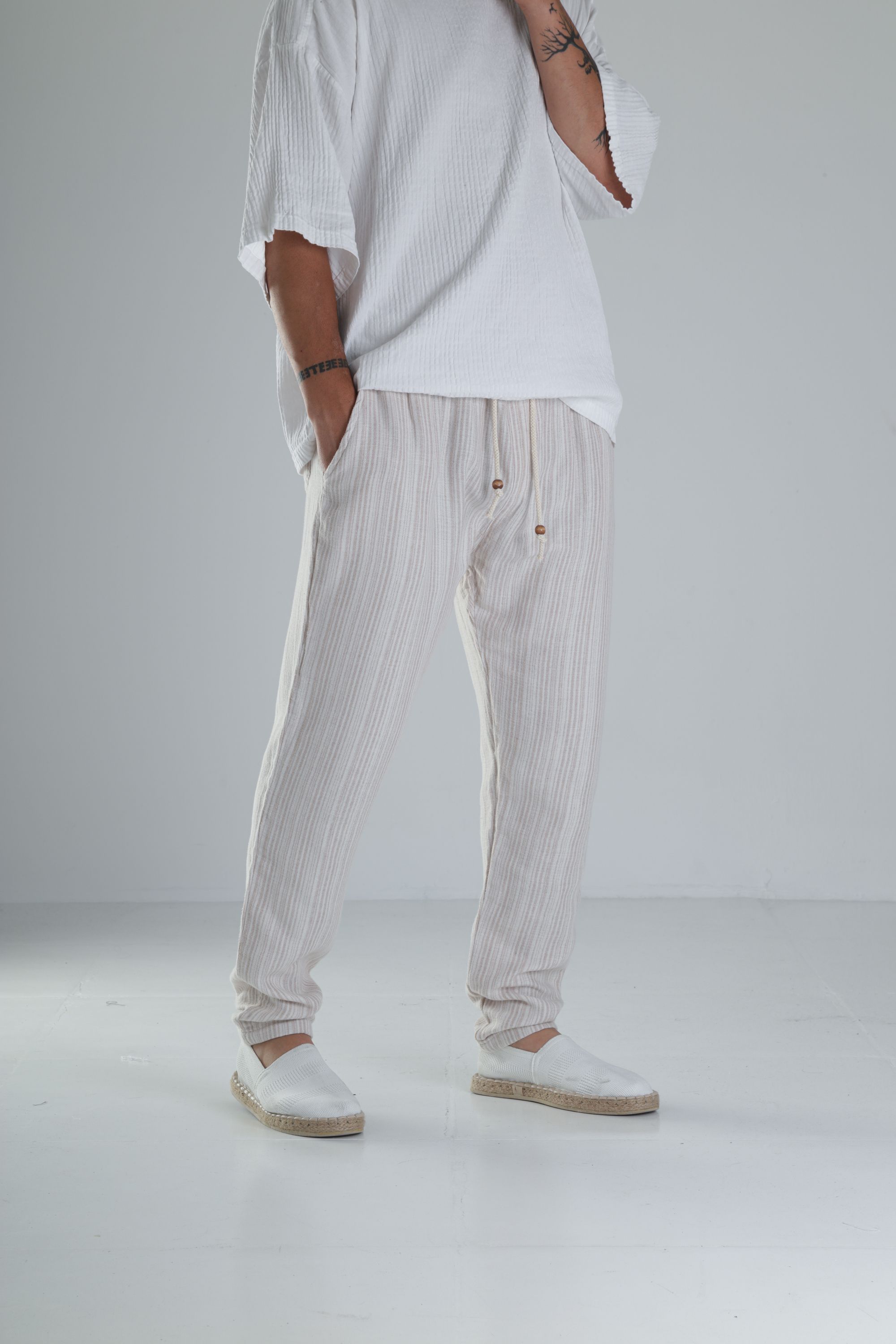 Kahve Çizgili Müslin Keten Baggy Pantolon