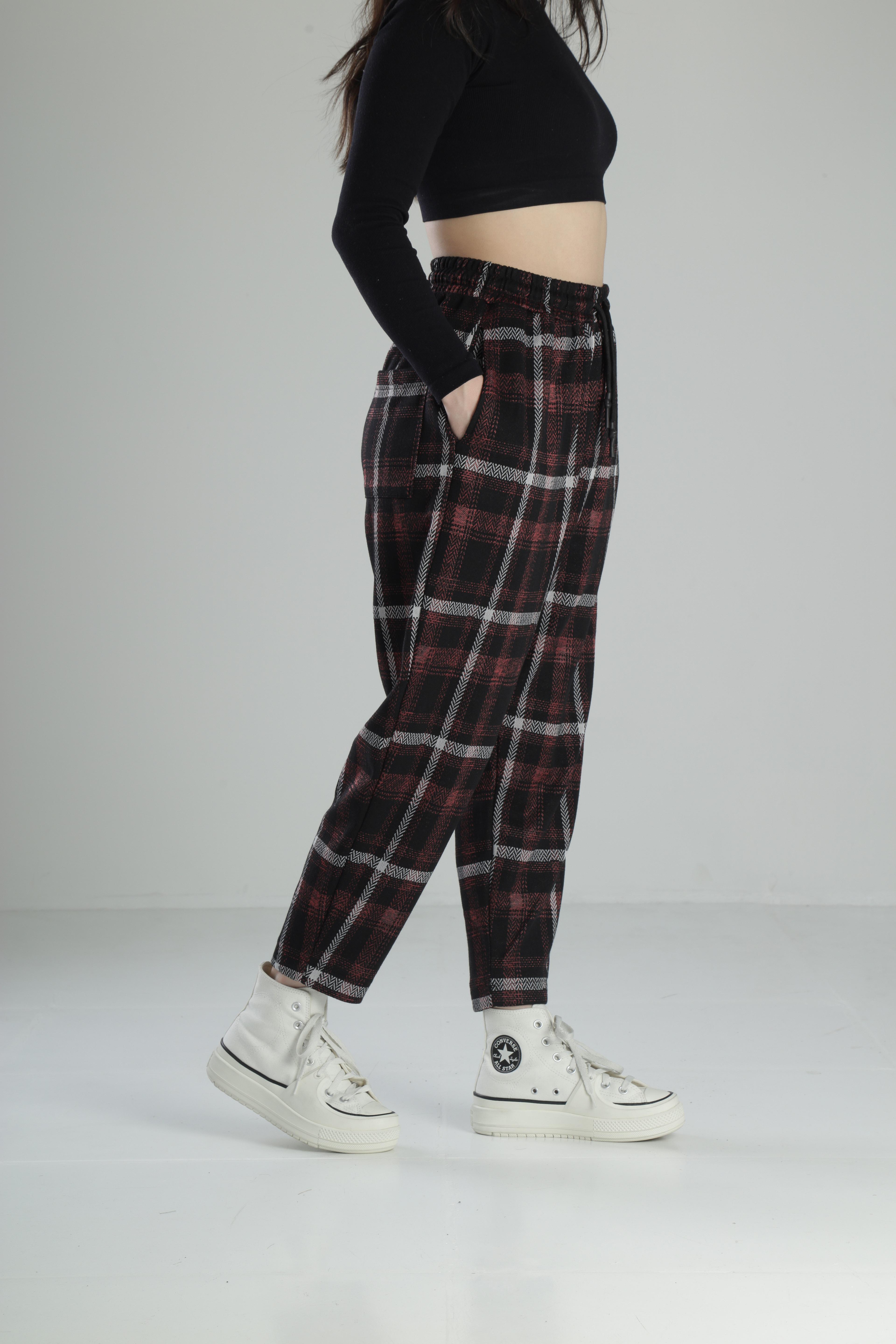 Bordo Ekose Baget Pantolon