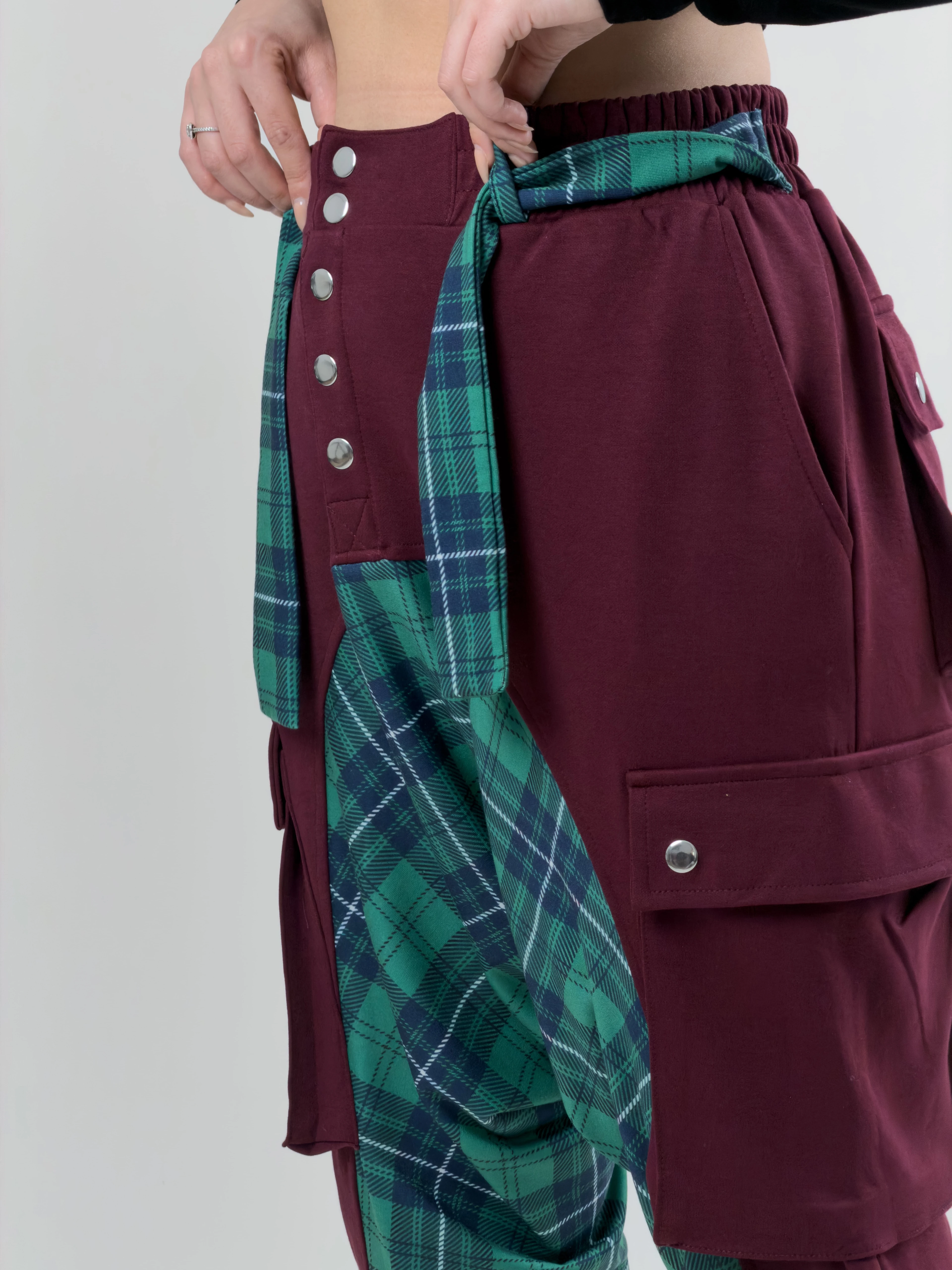 Garni Tasarım Kadın Bordo Ekose Desenli Spor Şalvar COC2620