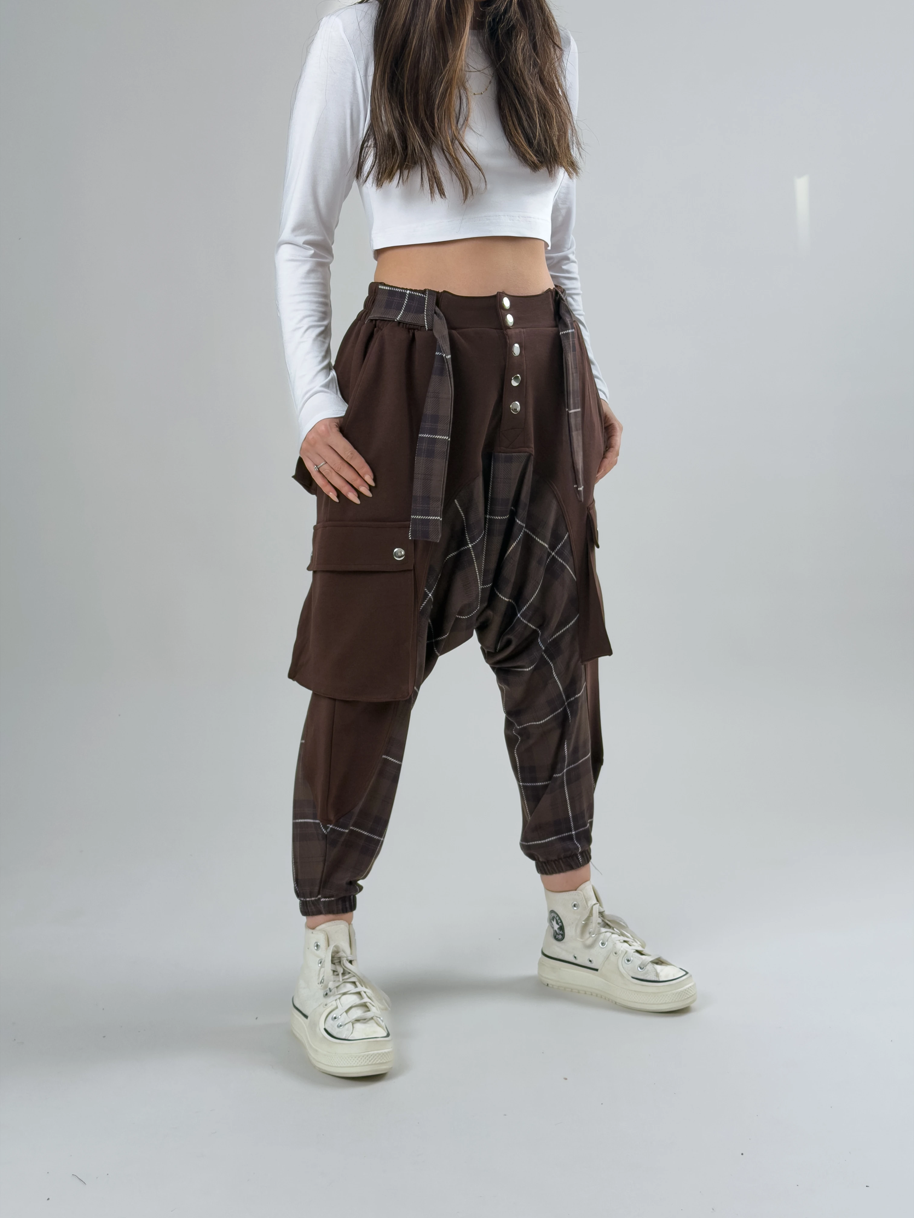 Garni Tasarım Kadın Kahve Ekose Desenli Spor Şalvar COC2618