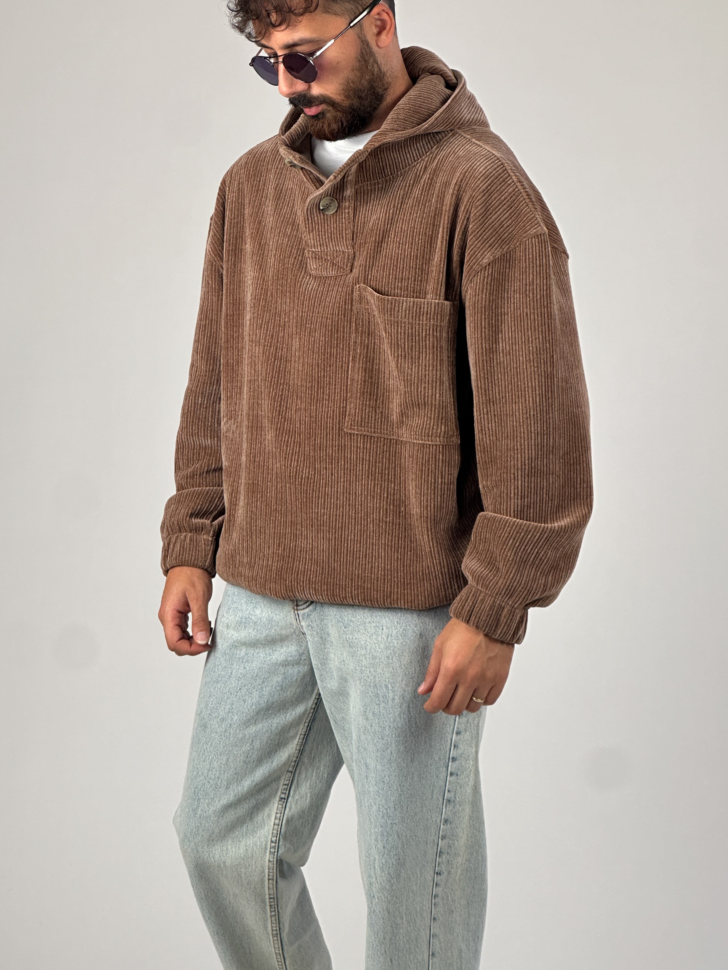 Kadife Dokulu Kahve Oversize Kapüşonlu Erkek Sweatshirt