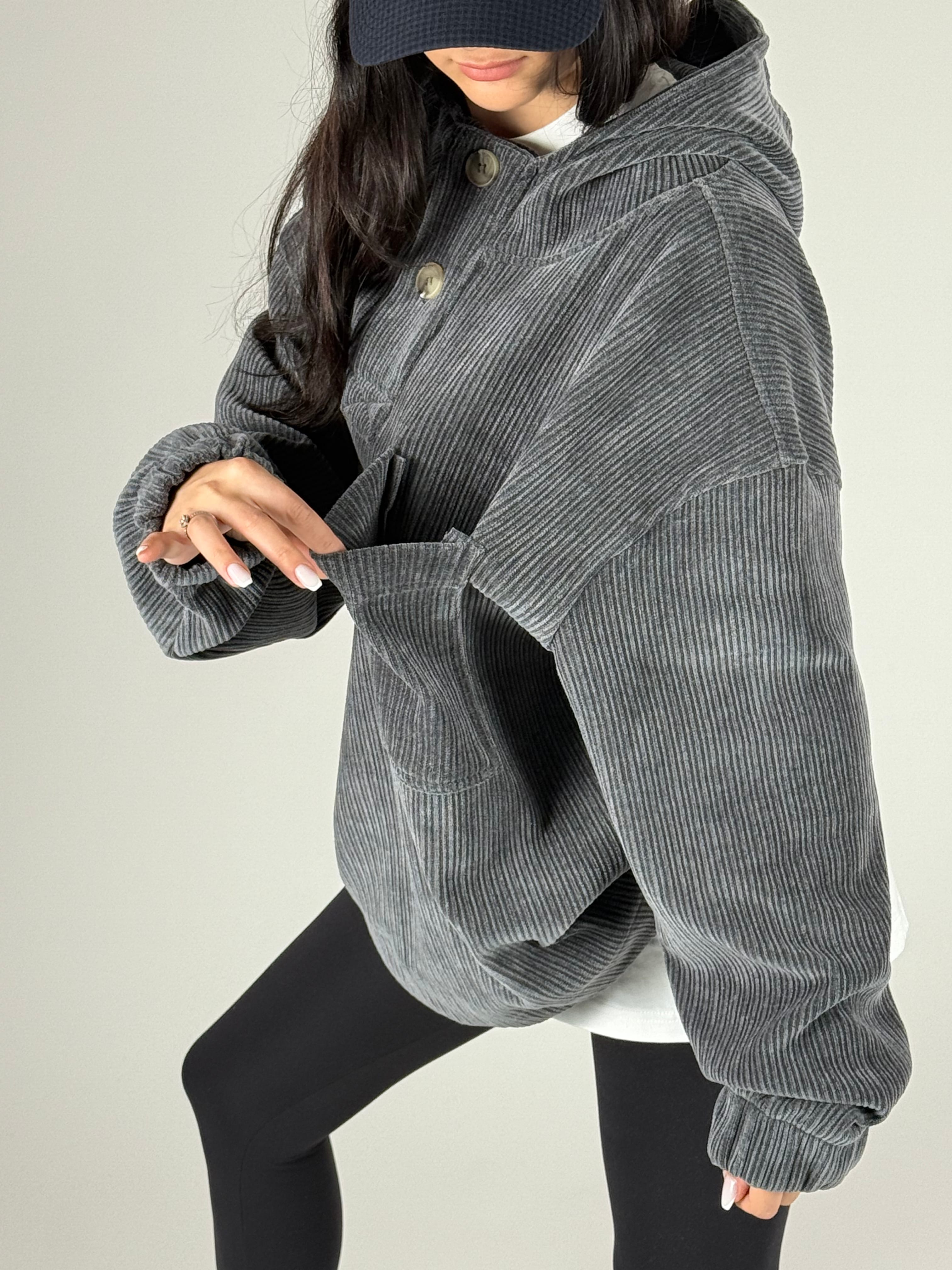 Kadife Dokulu Antrasit Oversize Kapüşonlu Kadın Sweatshirt