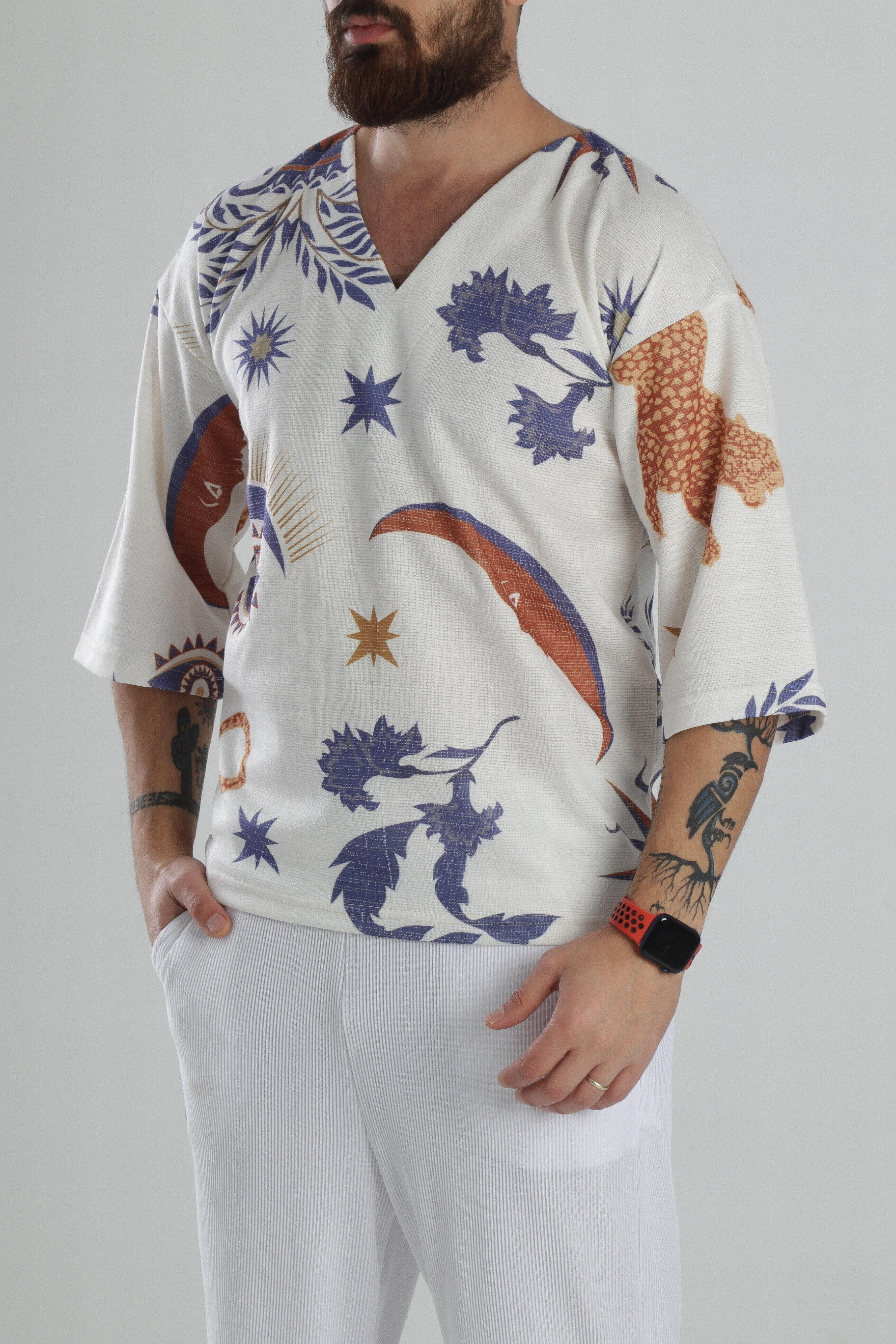 Etnik Desenli Fakir Kol T-Shirt
