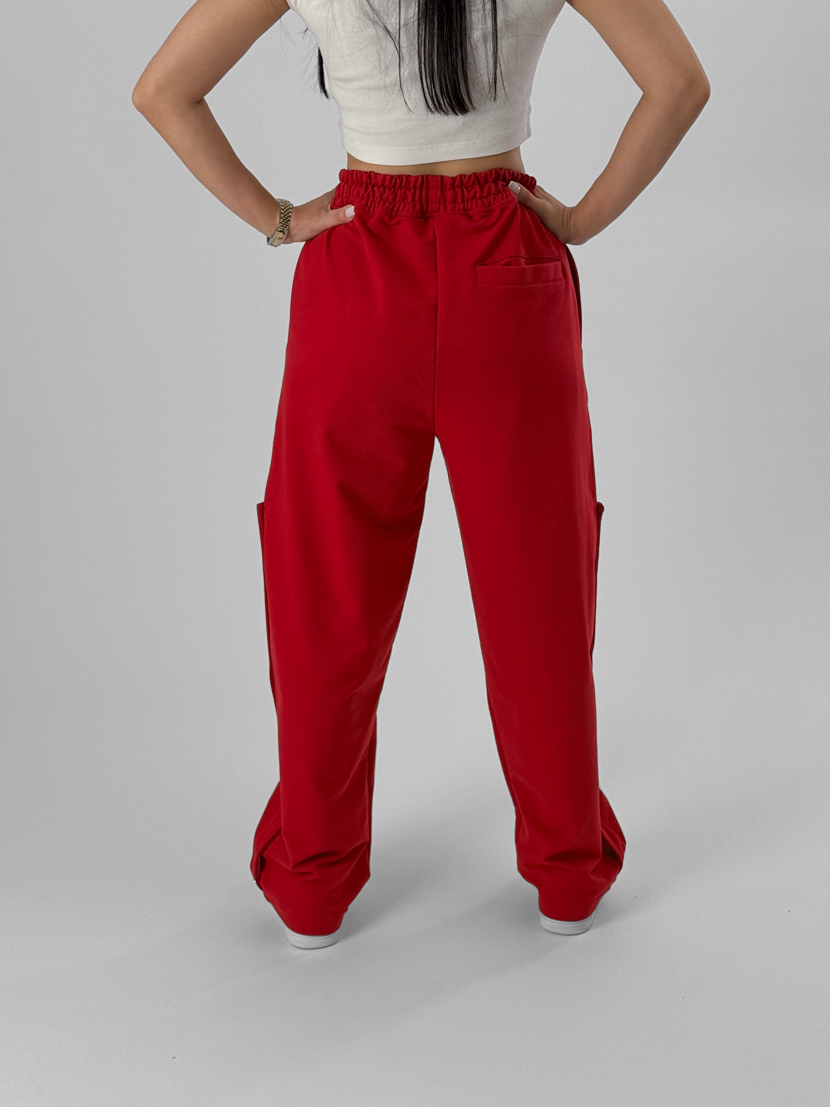 Kadın Şeritli Kırmızı Baggy Pantolon