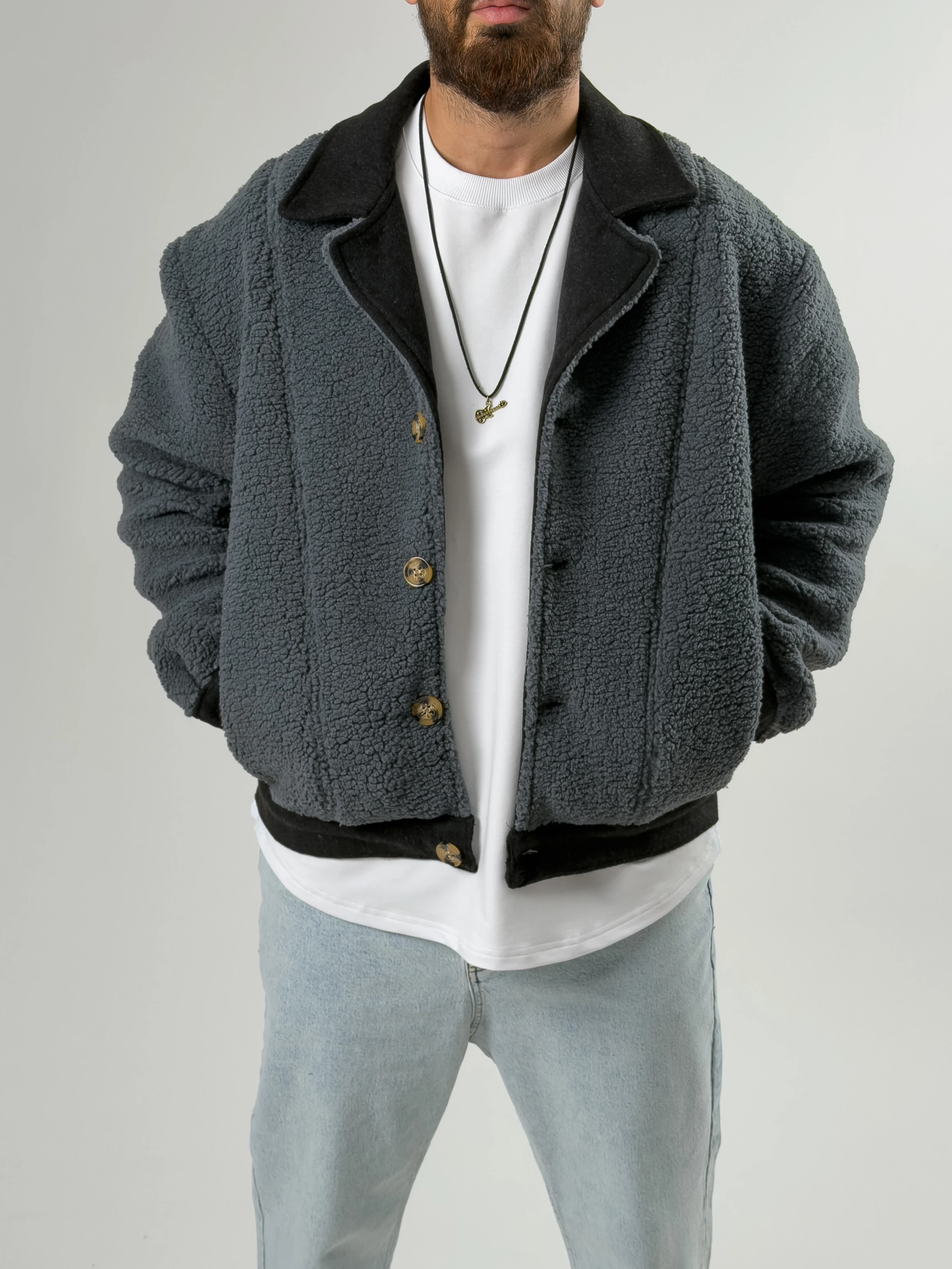 Erkek Kaşe Detaylı İndigo Peluş Hırka COC2577