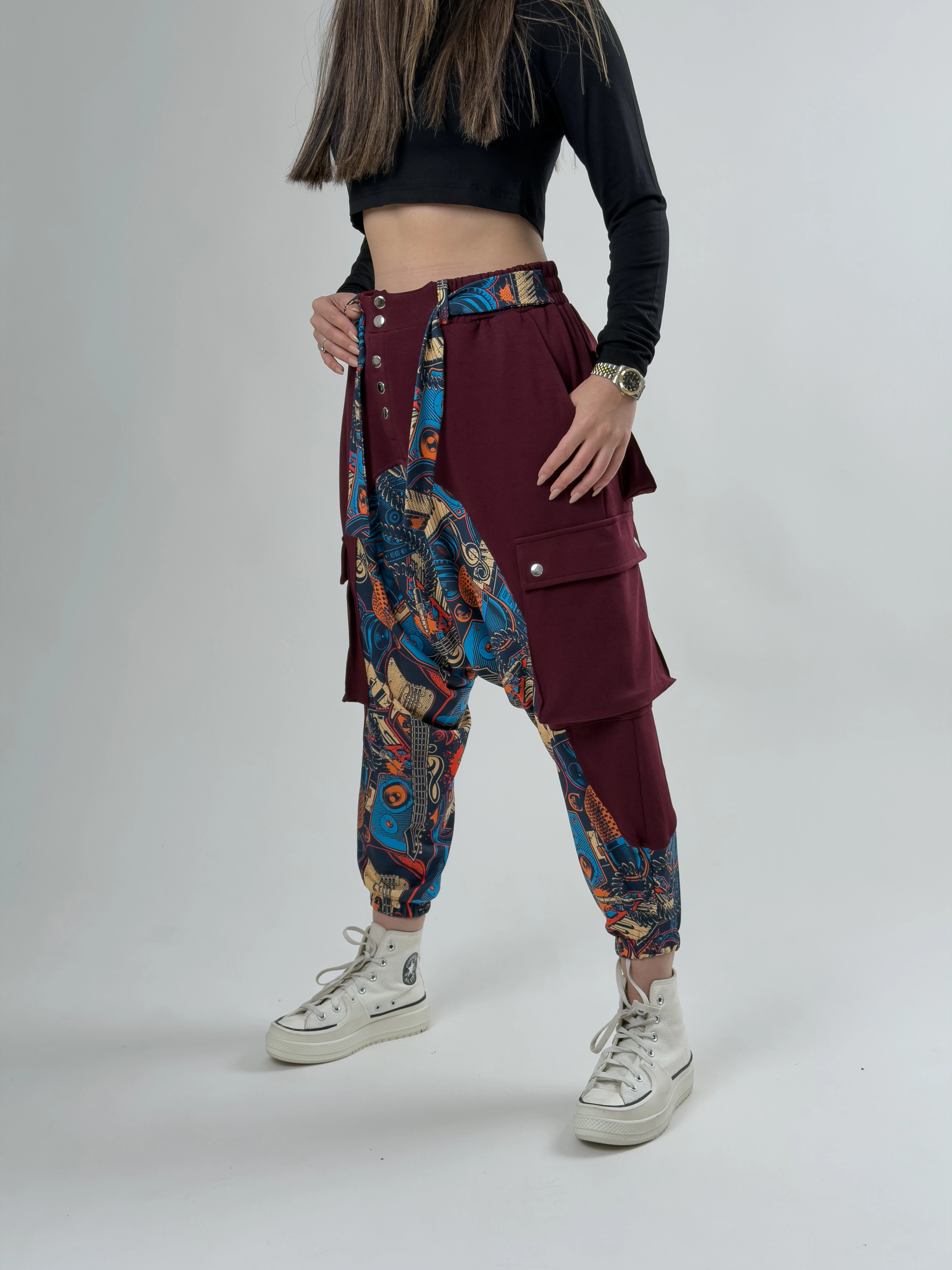 Garni Tasarım Kadın Bordo Müzik Desenli Spor Şalvar COC2621