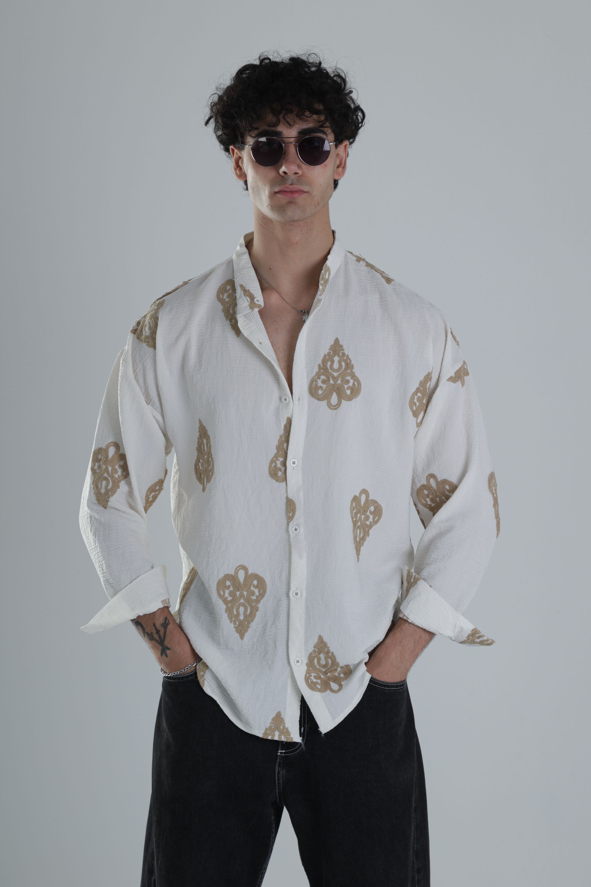Kahve Nakış Detaylı Oversize Gömlek