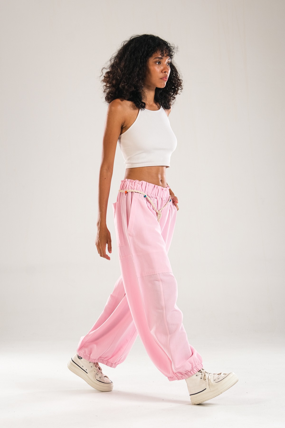 Tasarım Keten Pembe Baggy Pantolon