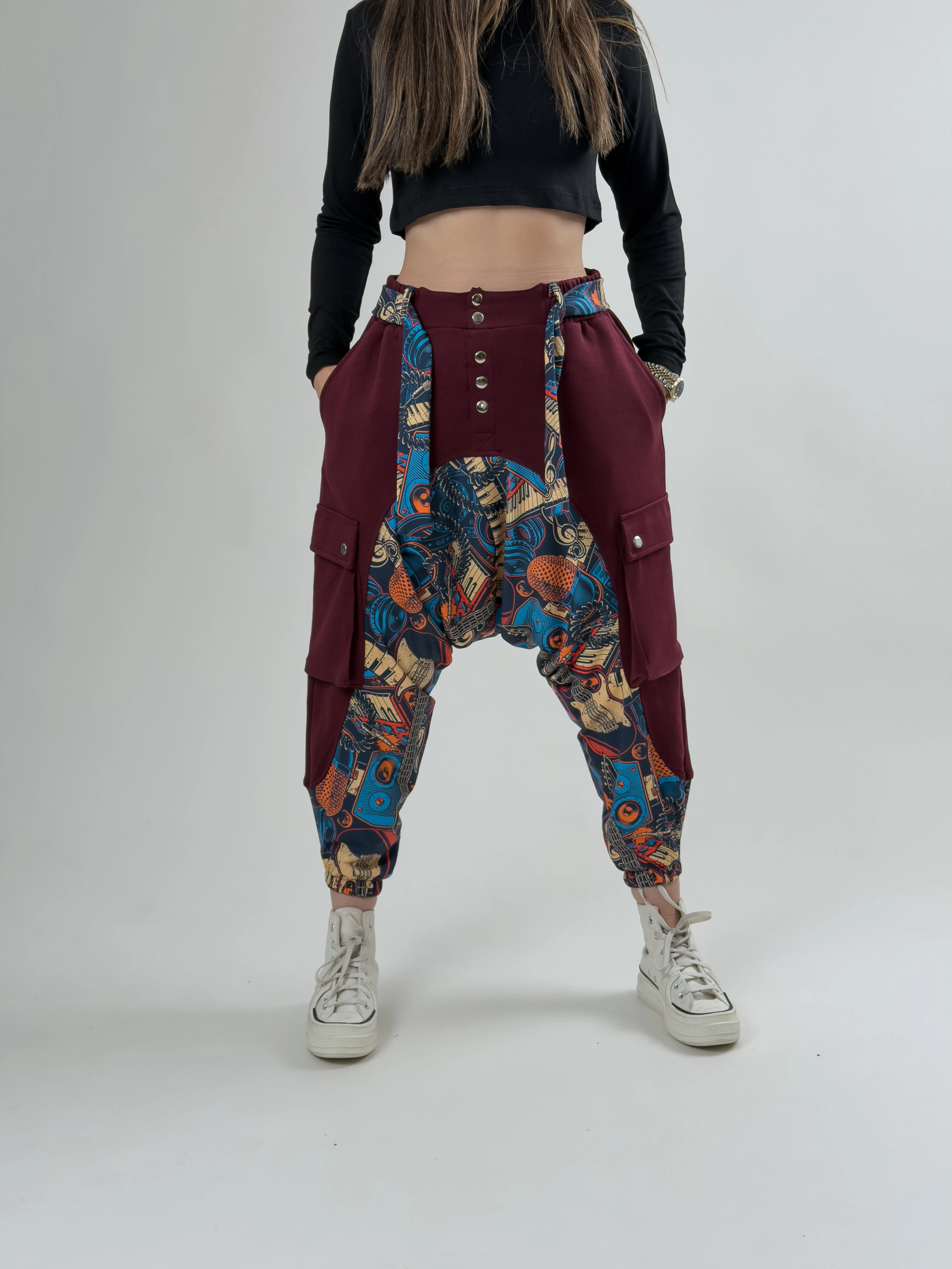 Garni Tasarım Kadın Bordo Müzik Desenli Spor Şalvar COC2621