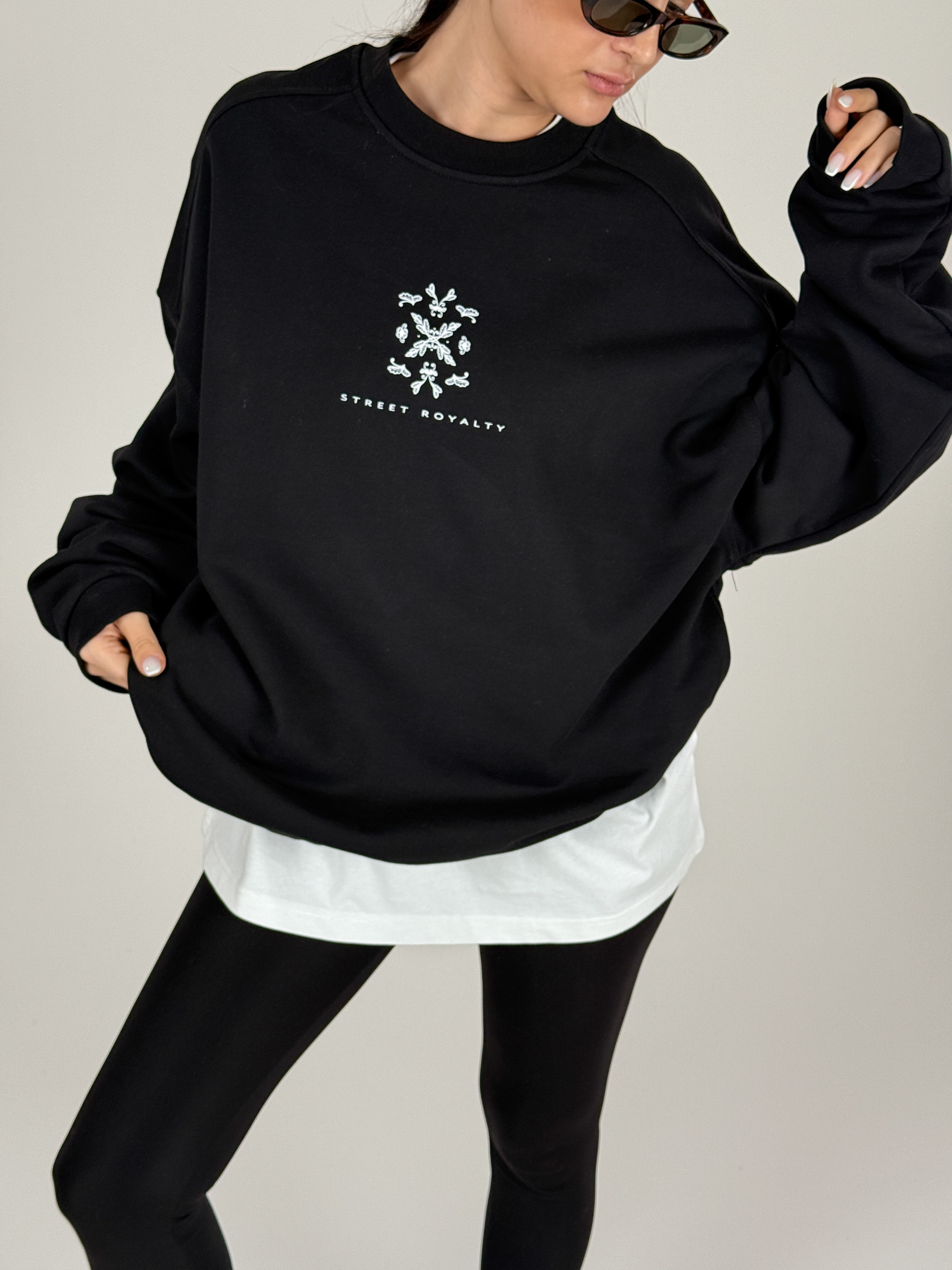 Etnik Desenli Siyah Kadın Sweatshirt