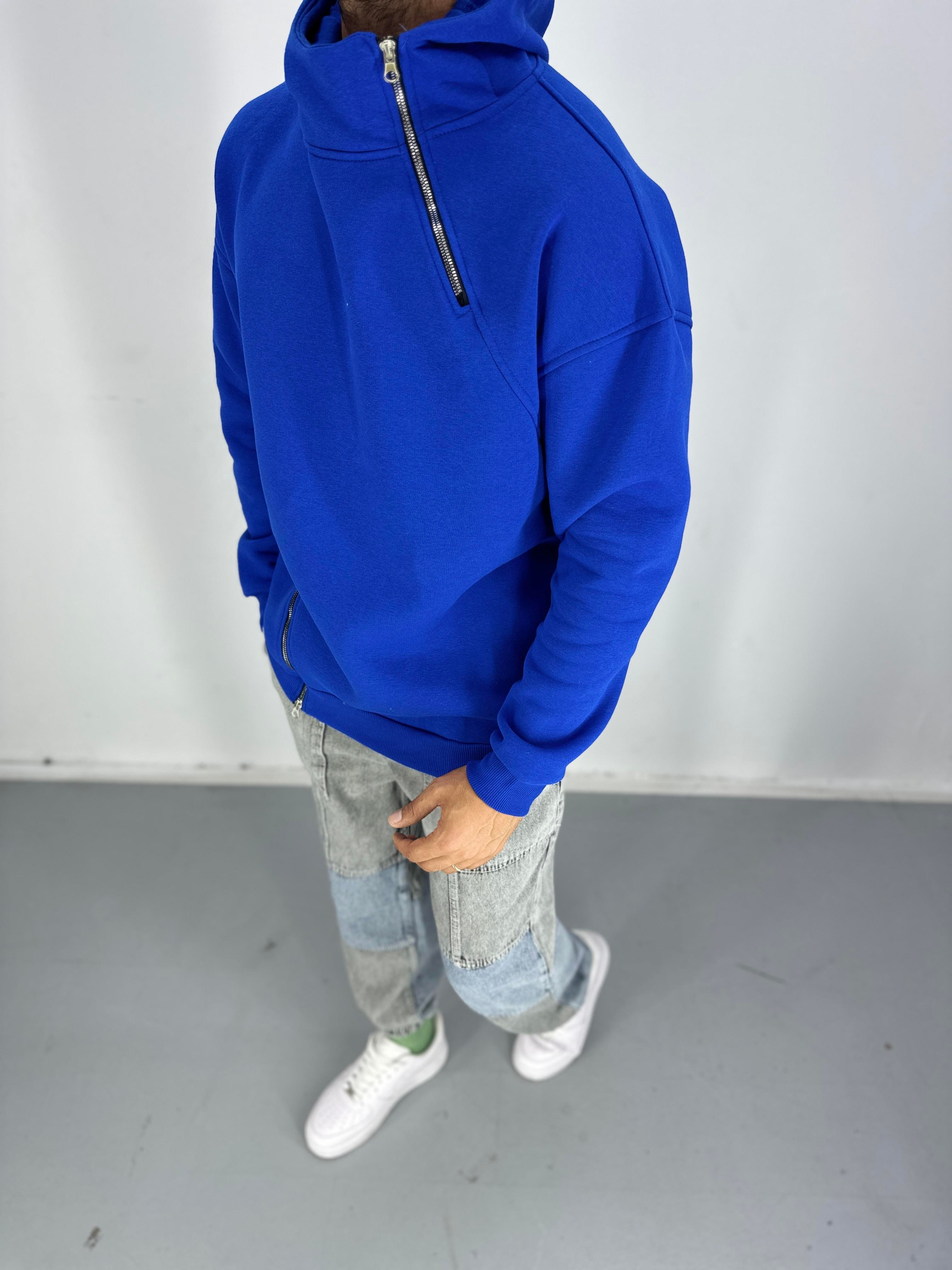 Erkek Üç İplik Şardonlu Fermuarlı Mavi Hoodie