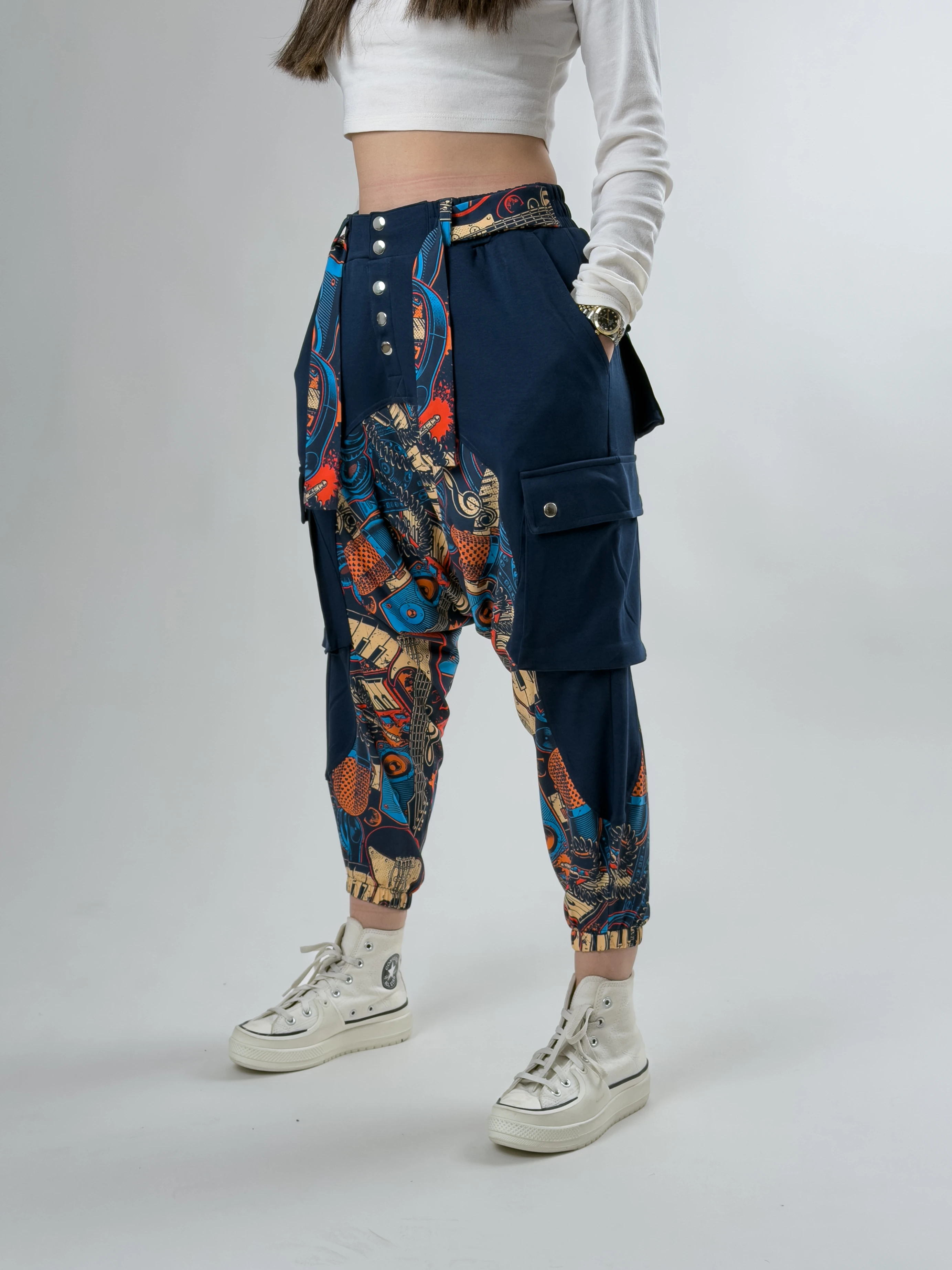 Garni Tasarım Kadın Lacivert Müzik Desenli Spor Şalvar COC2622