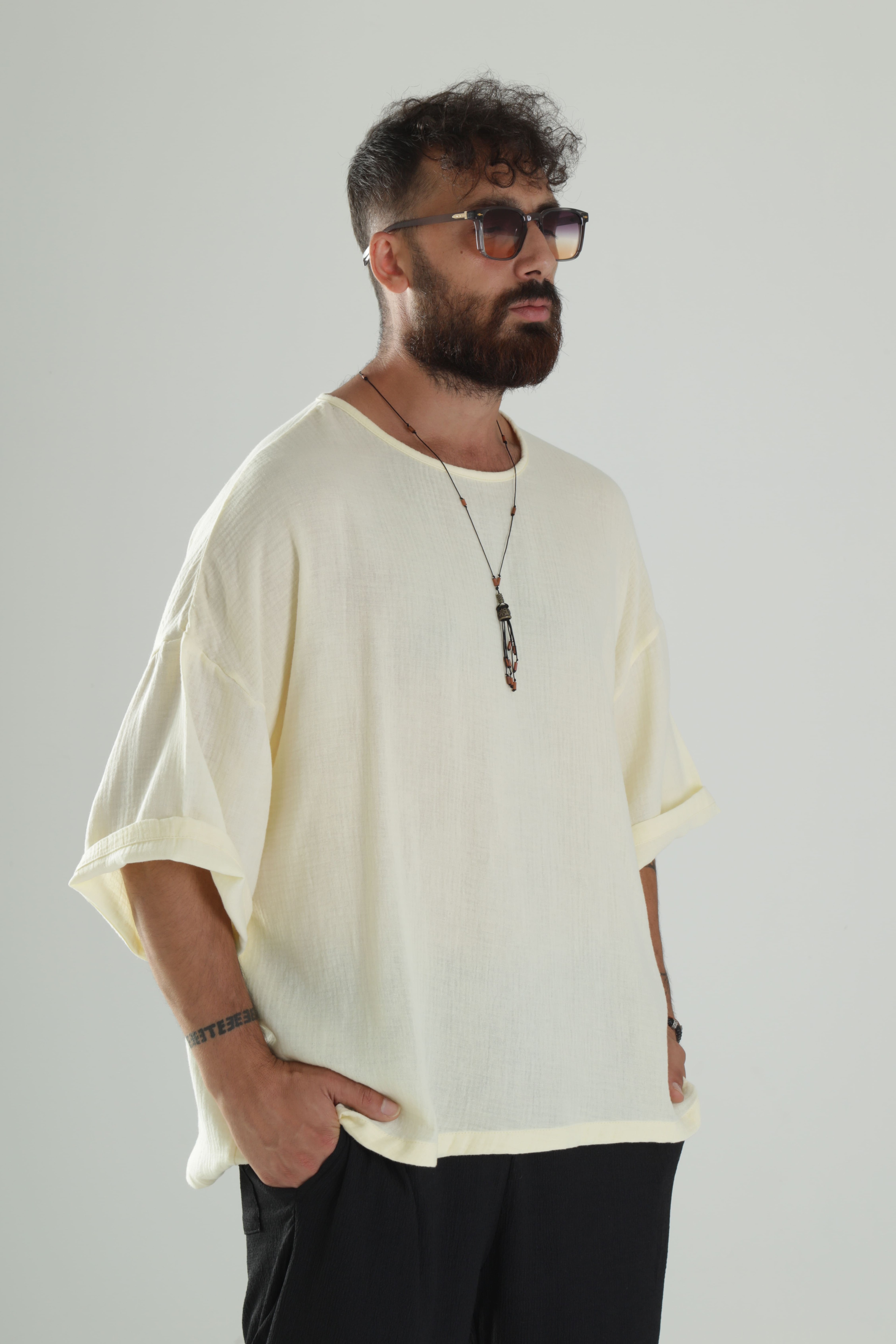 Sarı Müslin Kumaş Oversize Fakir Kol T-Shirt