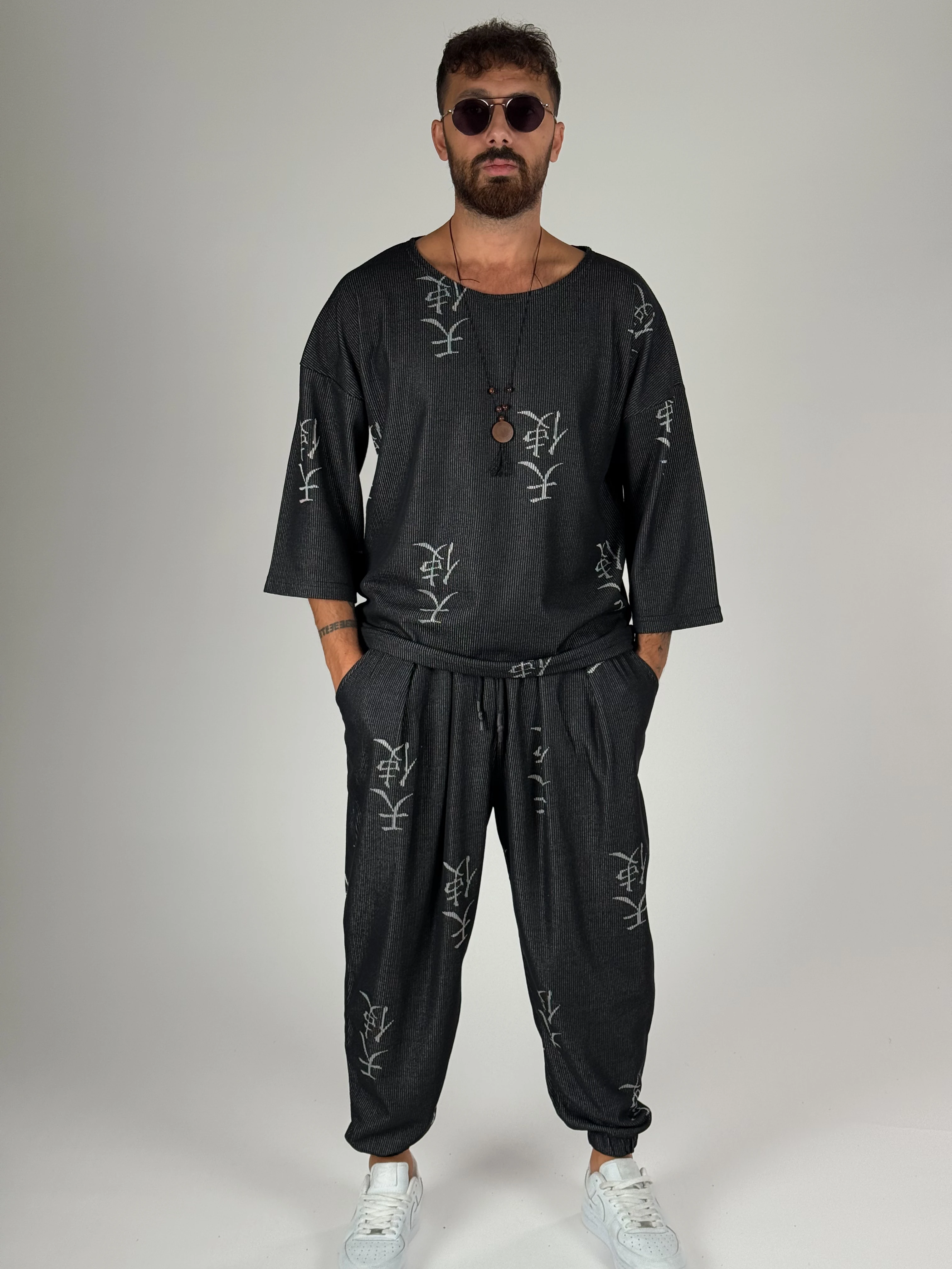 Erkek Chinese Desenli Fakir Kol Oversize T-Shirt COC2566