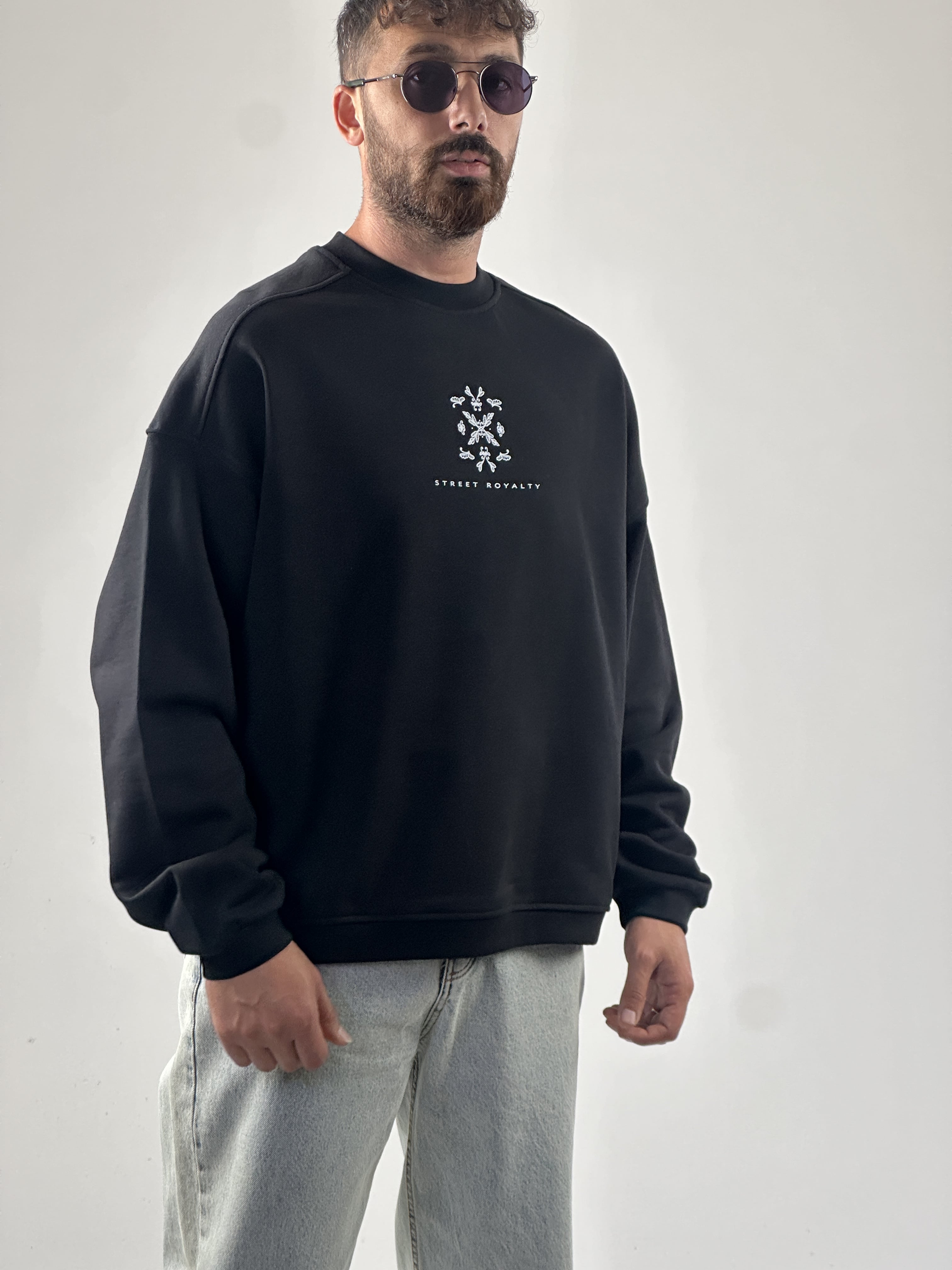 Etnik Desenli Tasarım Erkek Siyah Sweatshirt