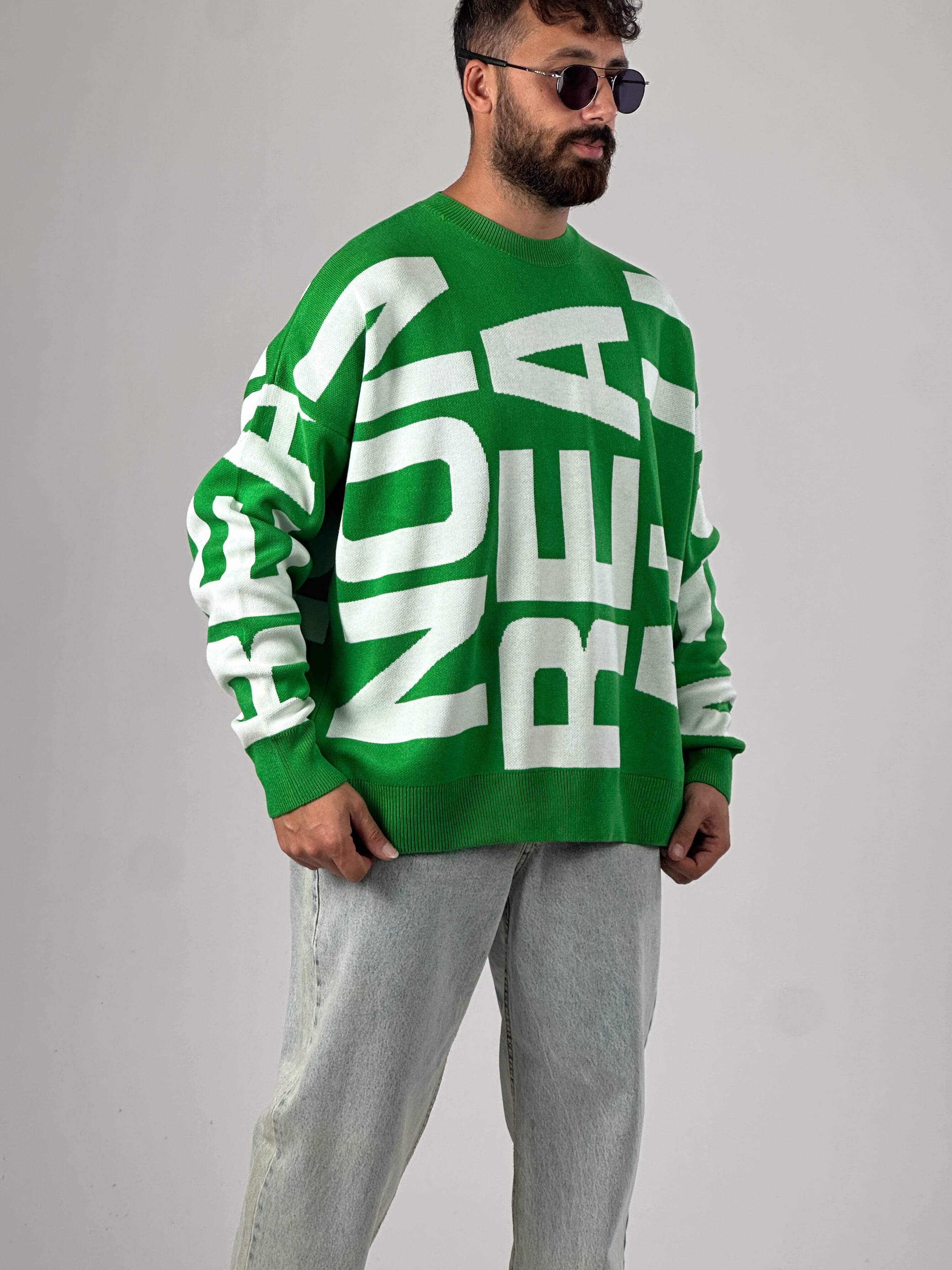 Bold Print Oversize Yeşil Erkek Sweat