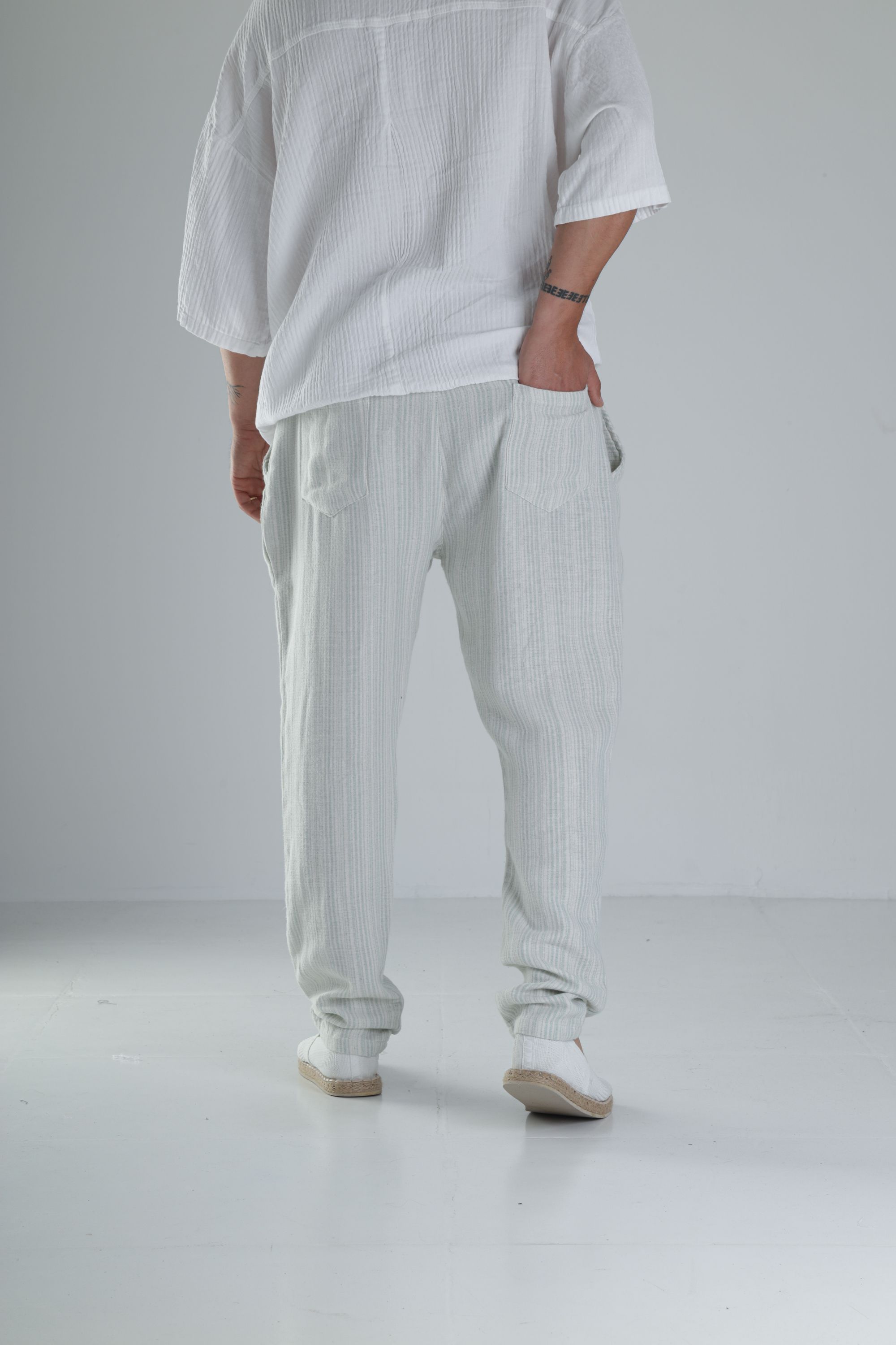 Yeşil Çizgili Müslin Keten Baggy Pantolon