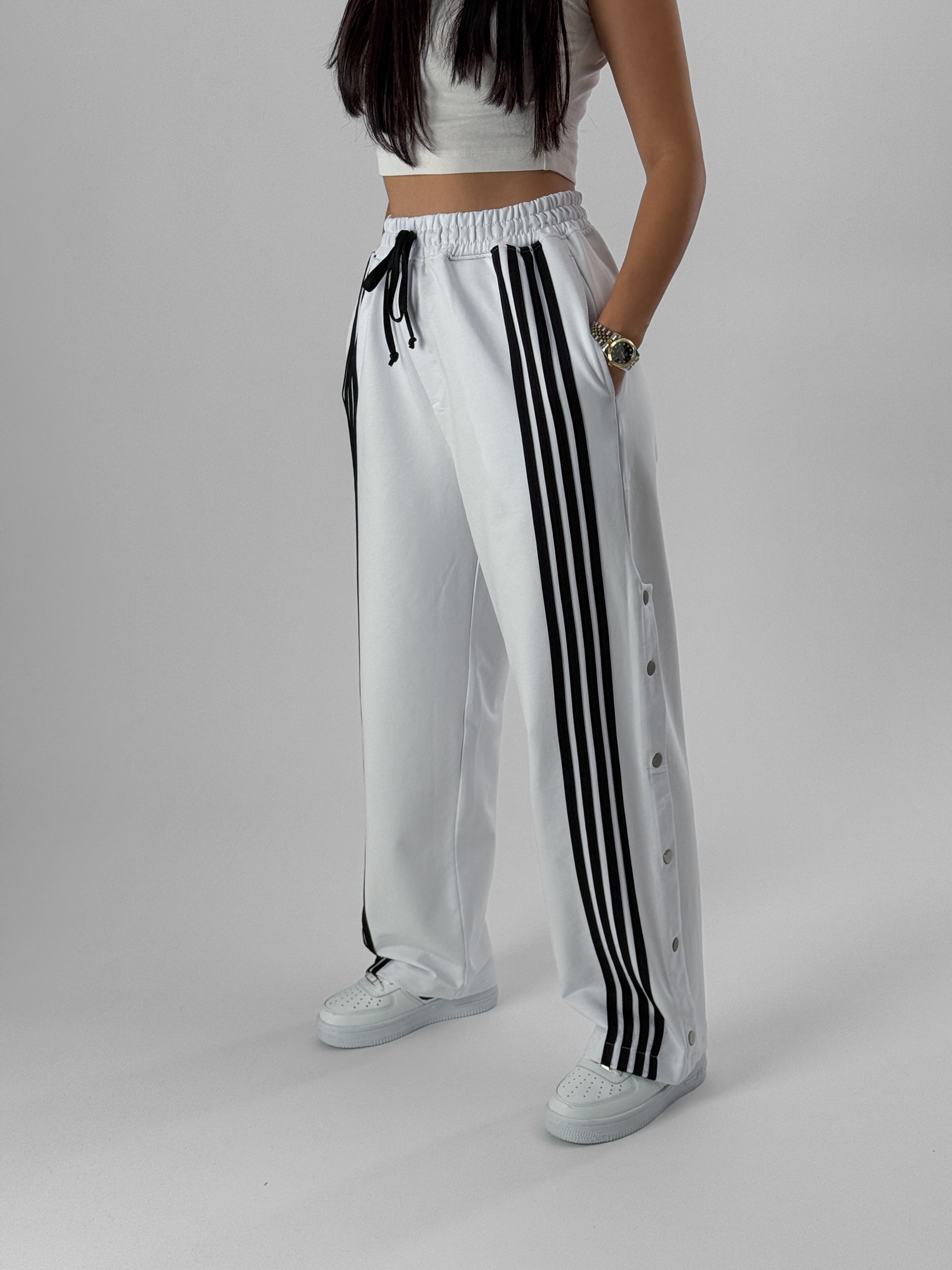 Kadın Şeritli Beyaz Baggy Pantolon