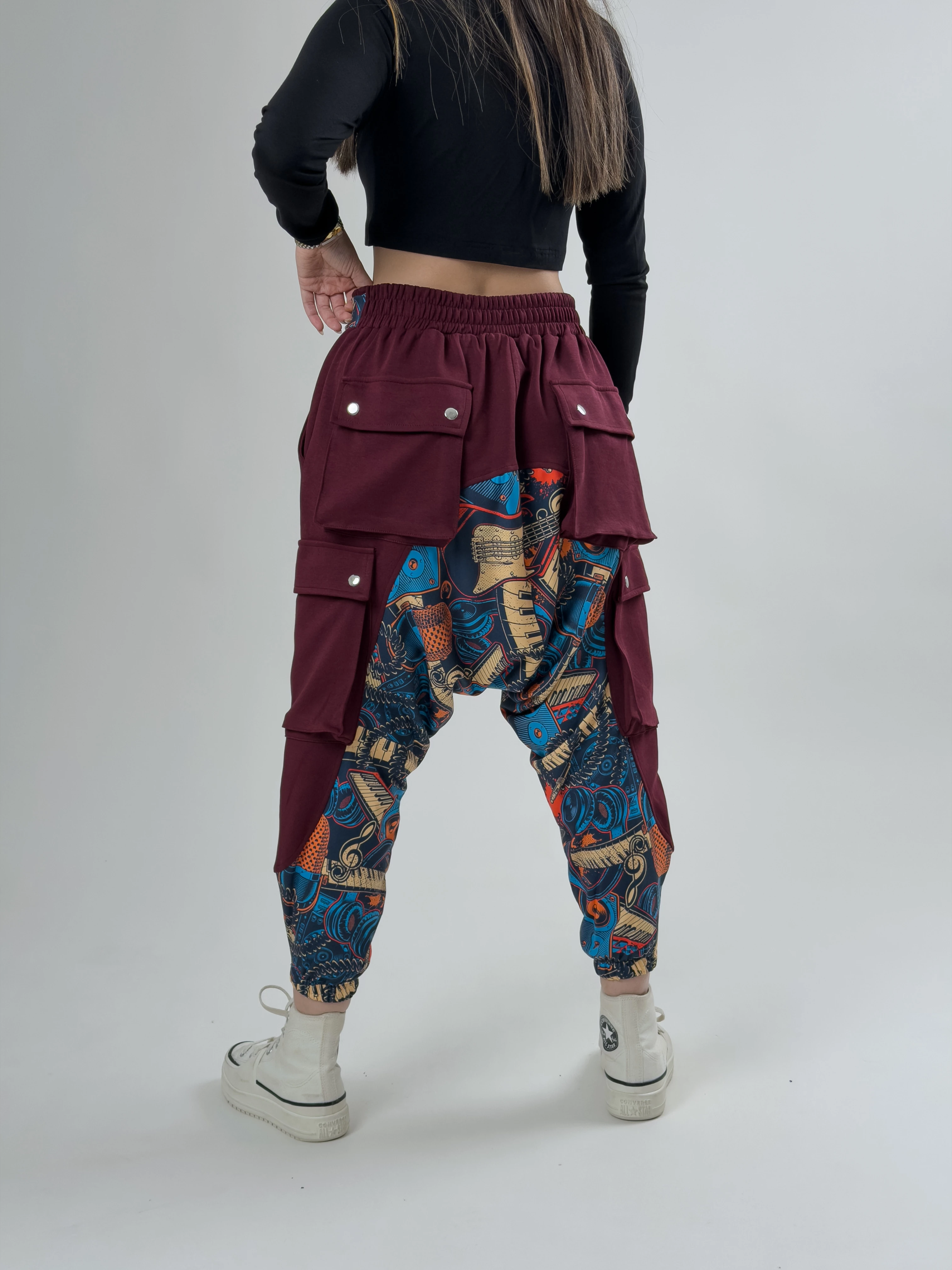 Garni Tasarım Kadın Bordo Müzik Desenli Spor Şalvar COC2621