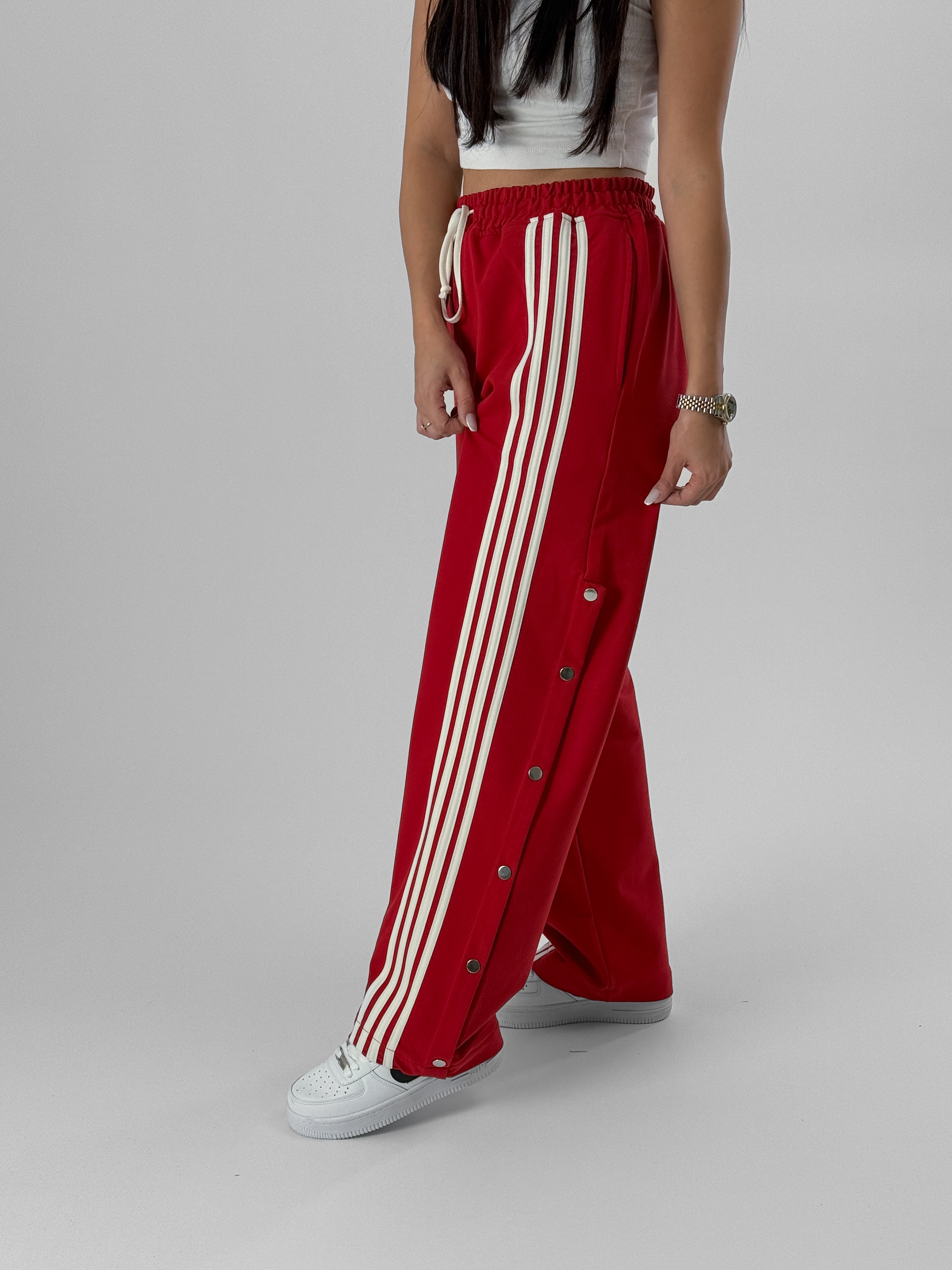 Kadın Şeritli Kırmızı Baggy Pantolon