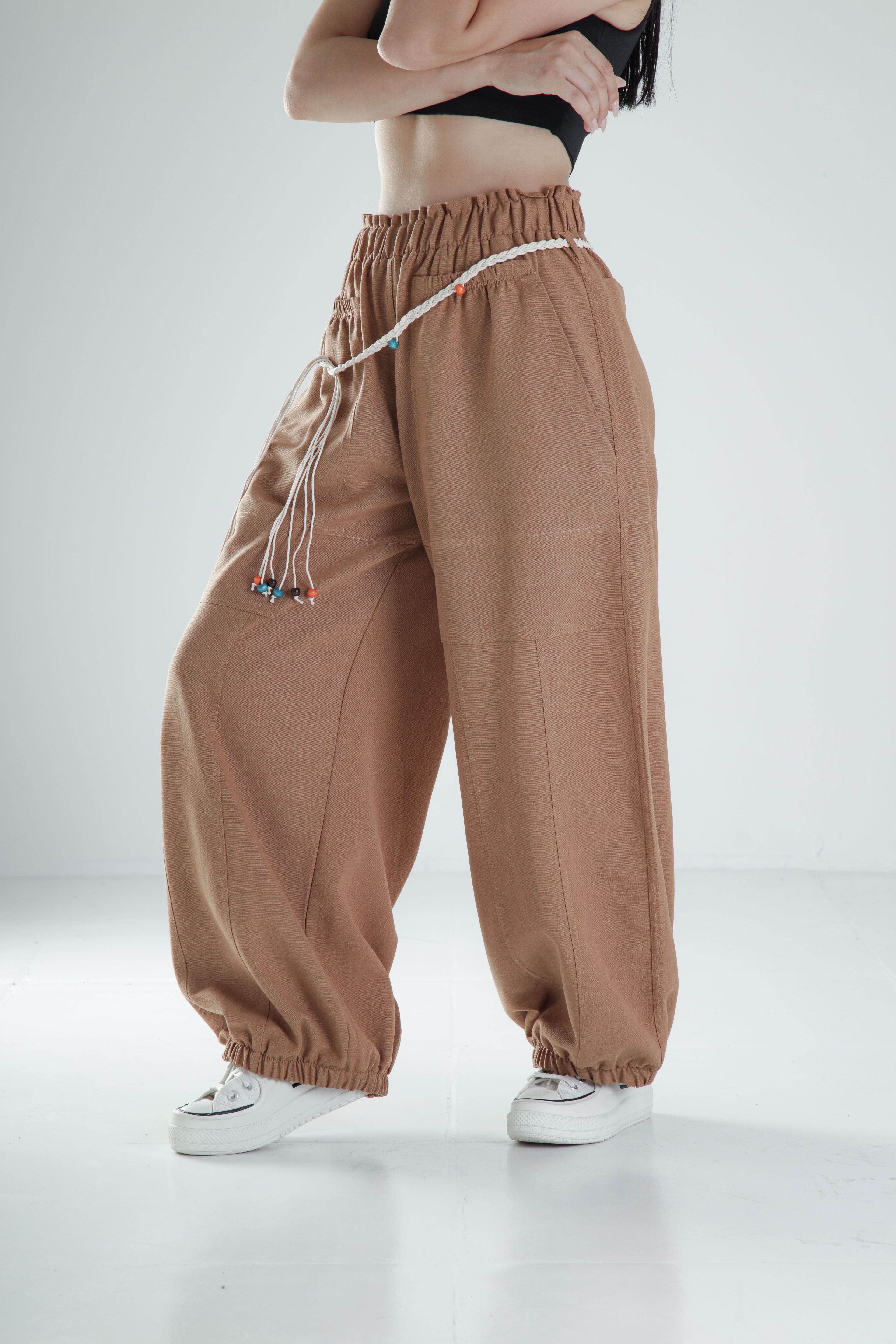 Tasarım Keten Kahverengi Baggy Pantolon