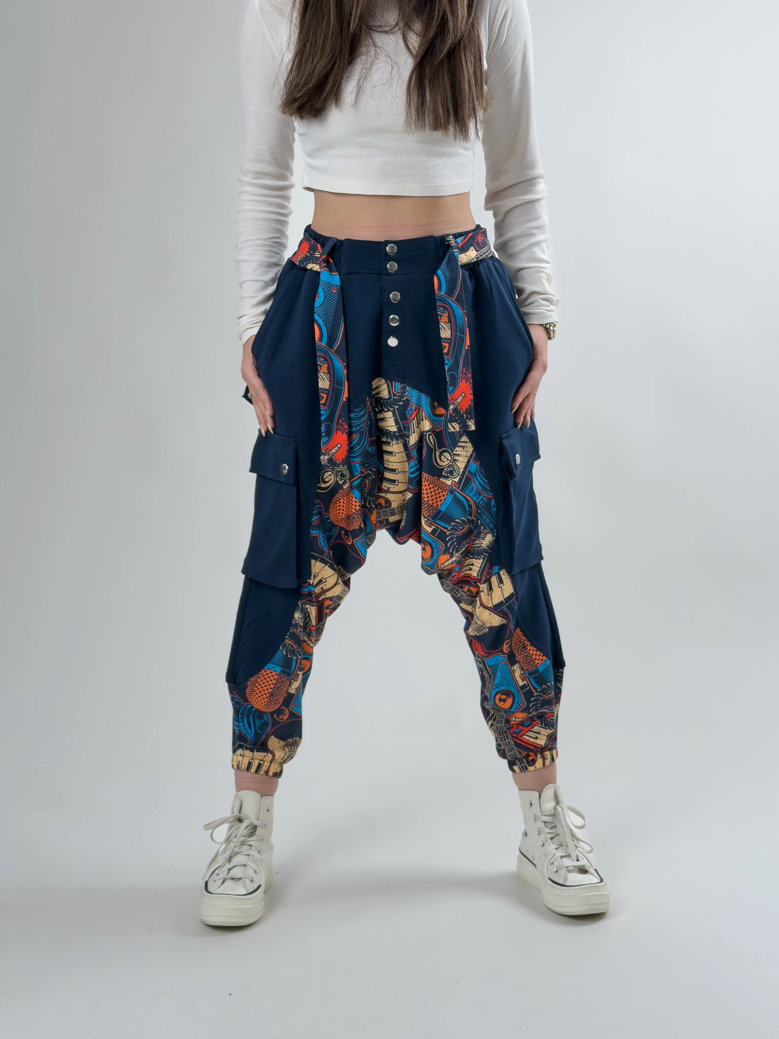 Garni Tasarım Kadın Lacivert Müzik Desenli Spor Şalvar COC2622