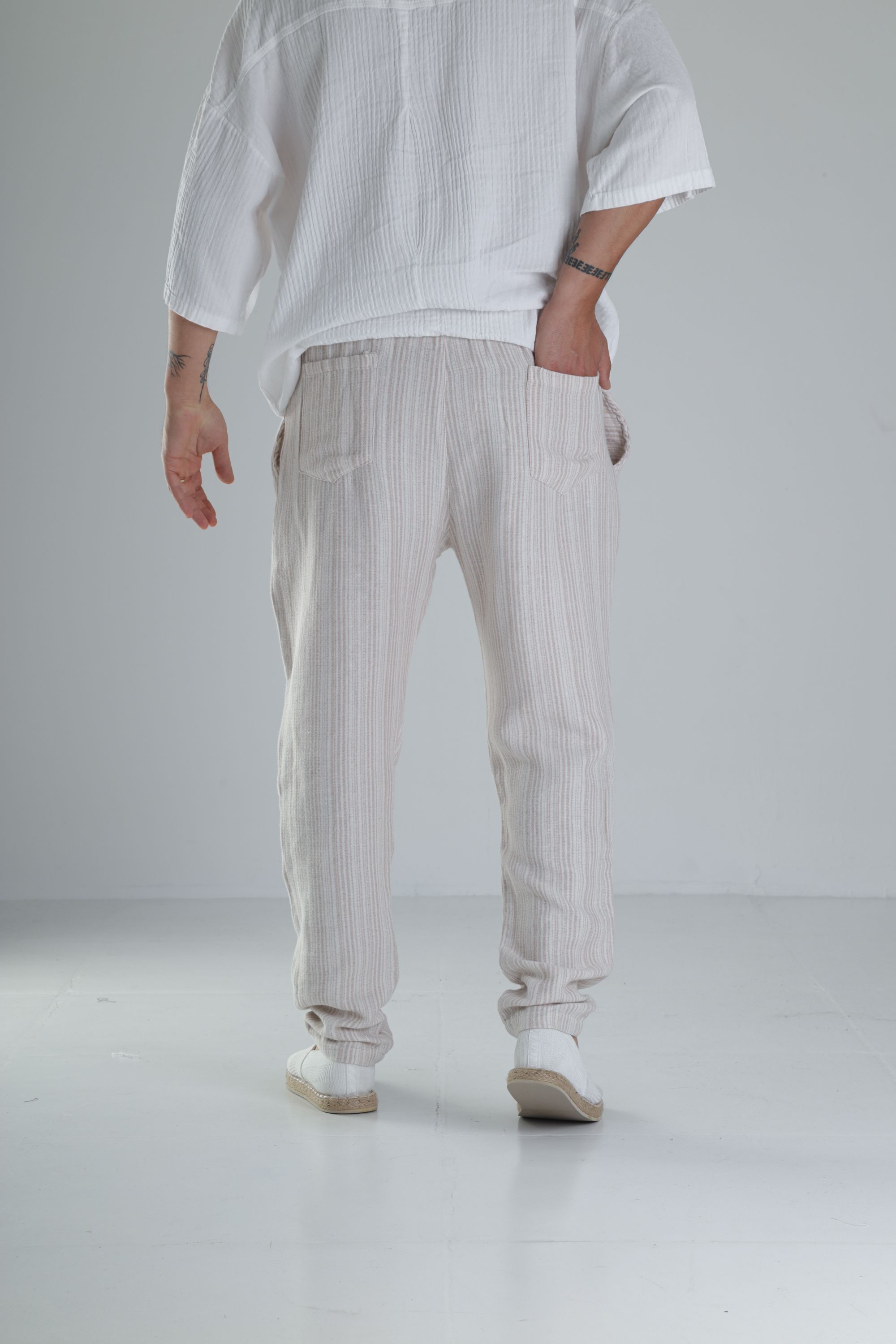 Kahve Çizgili Müslin Keten Baggy Pantolon