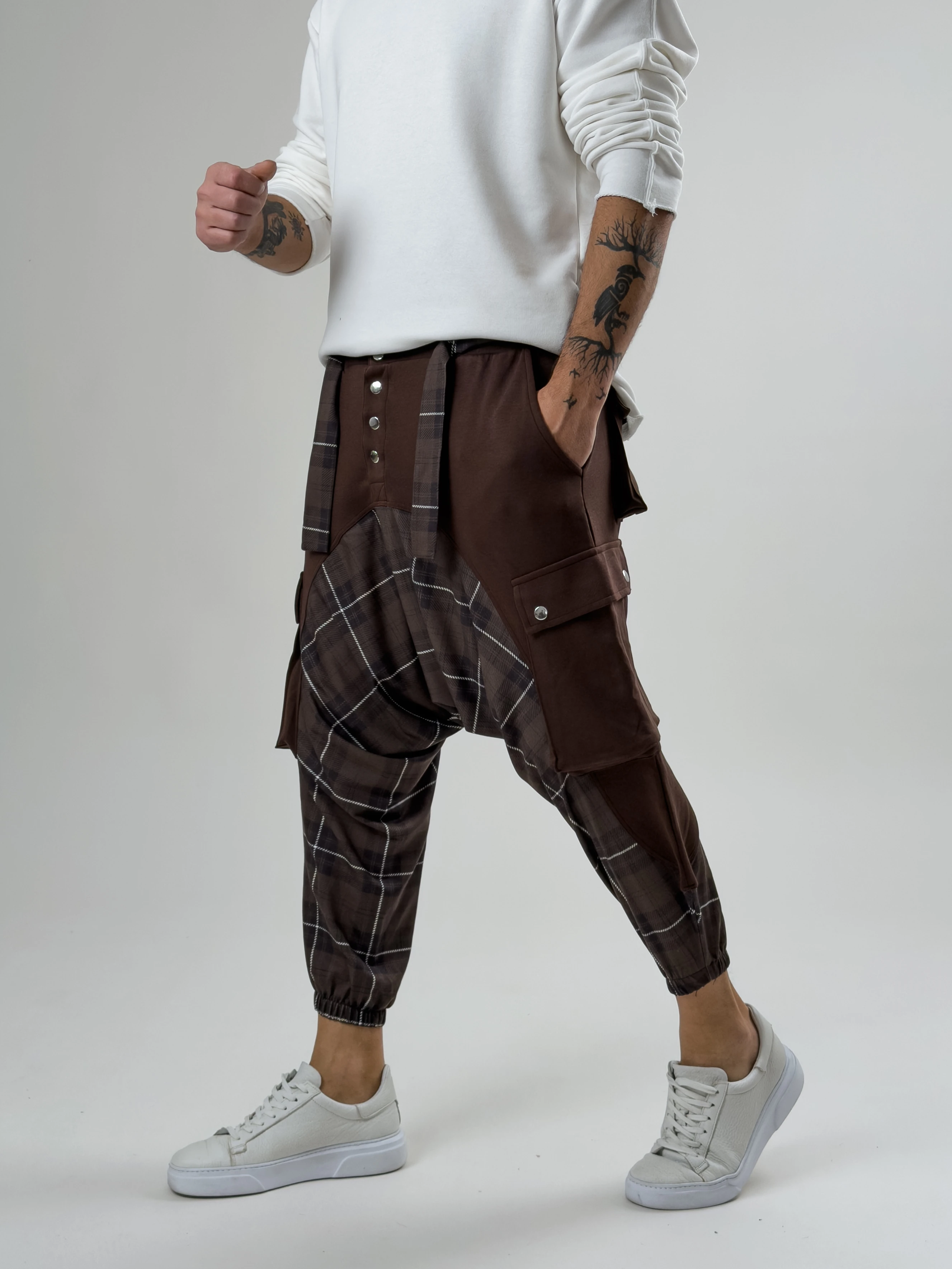 Garni Tasarım Erkek Kahverengi Etnik Desenli Spor Şalvar COC2616