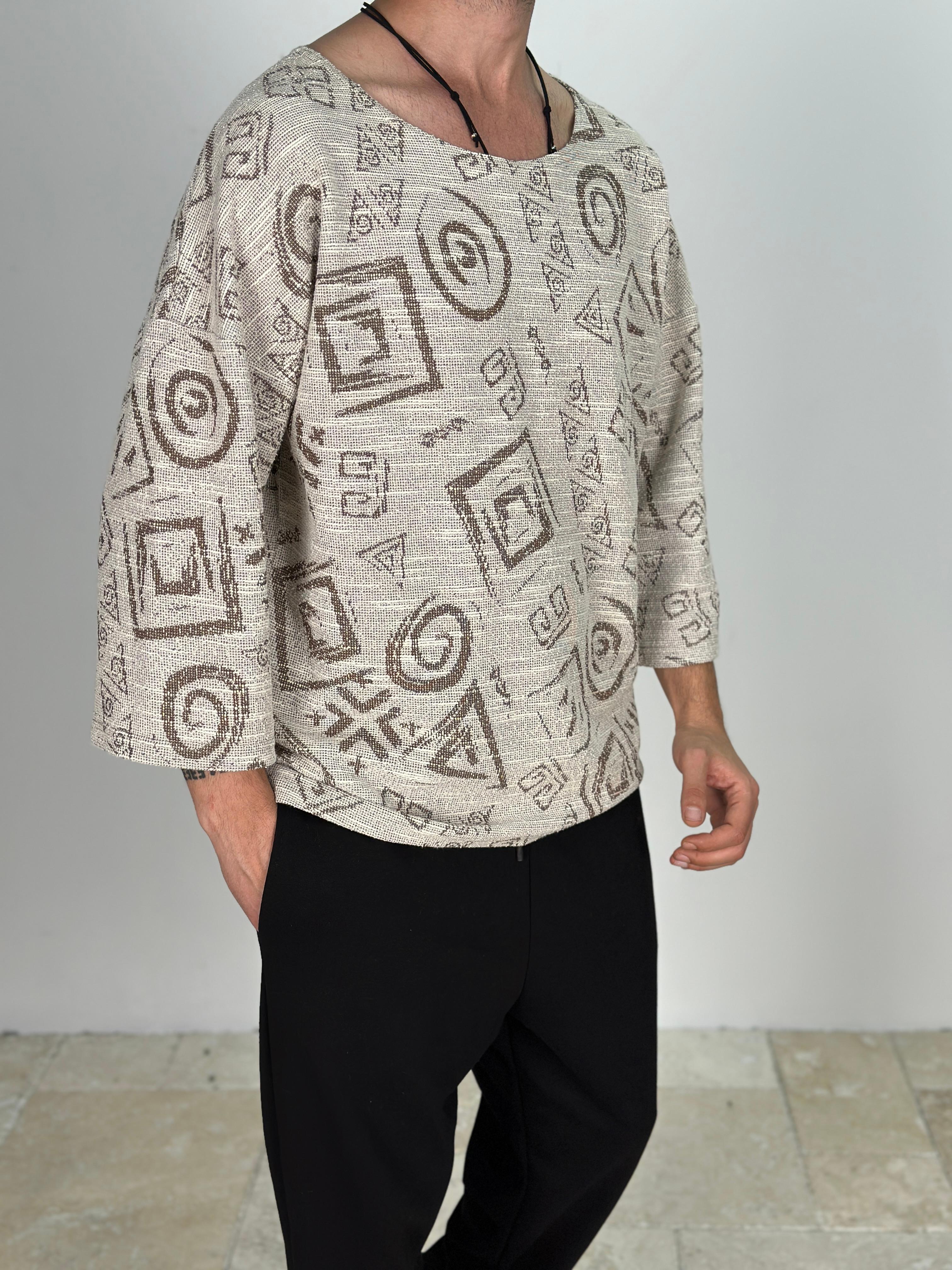 Spiral Desenli Fakir Kol T-Shirt