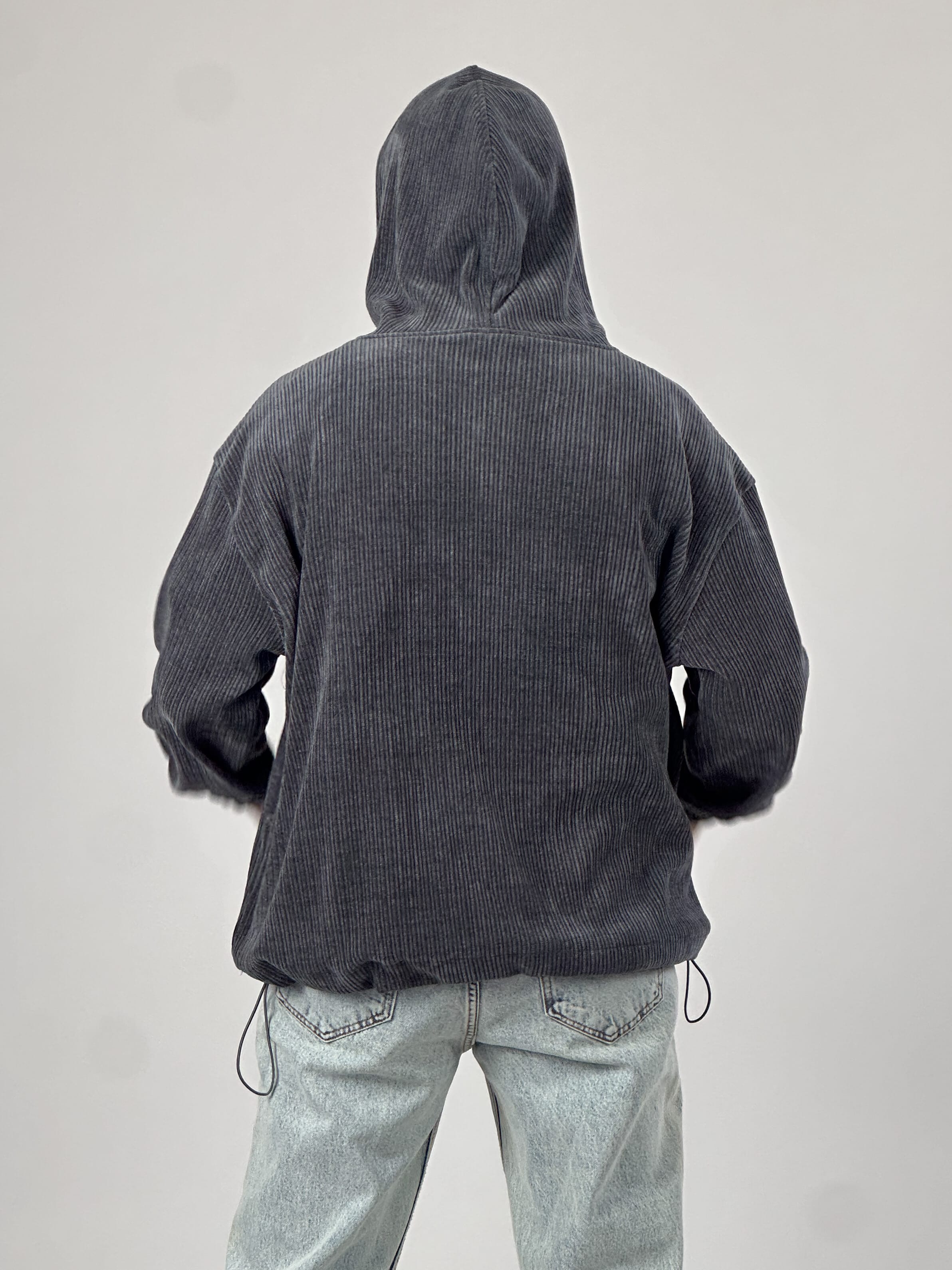 Kadife Dokulu Antrasit Oversize Kapüşonlu Erkek Sweatshirt