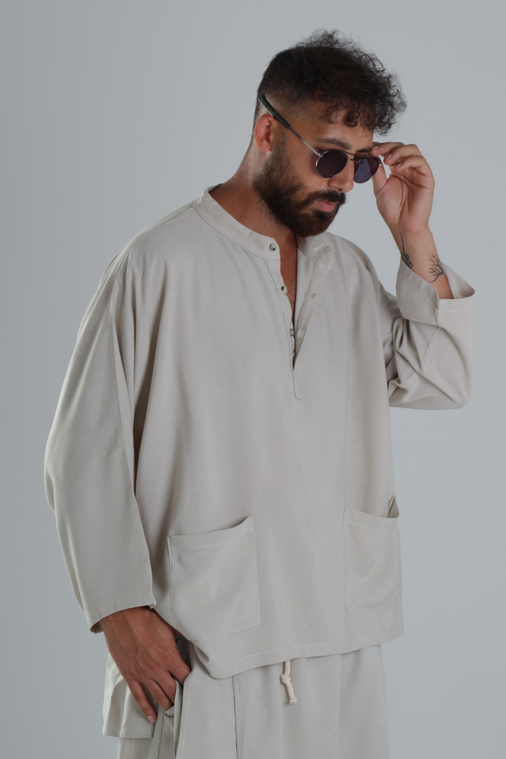 Keten Kumaş Oversize Bej Tasarım T-Shirt