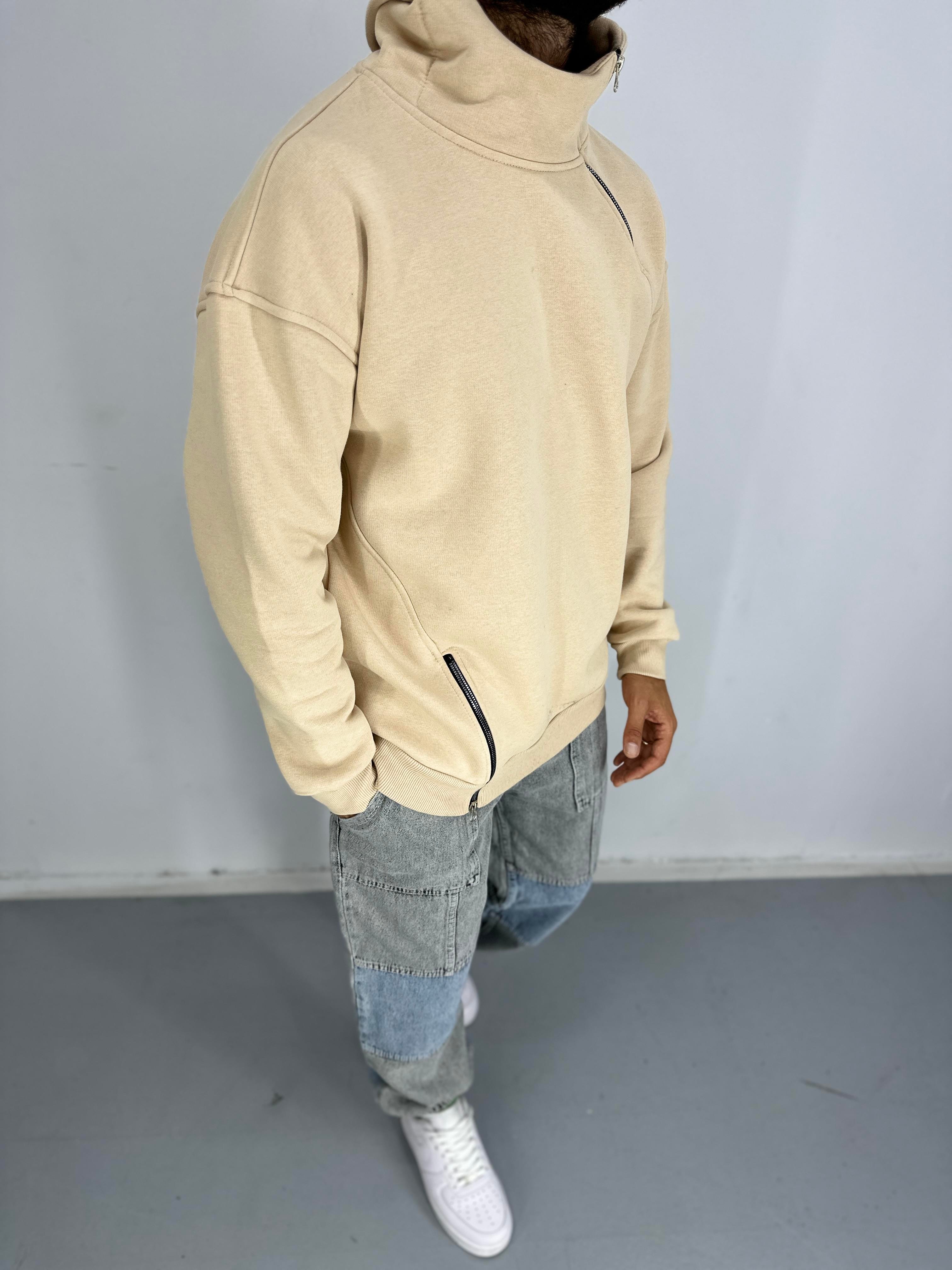 Erkek Üç İplik Şardonlu Fermuarlı Krem Hoodie