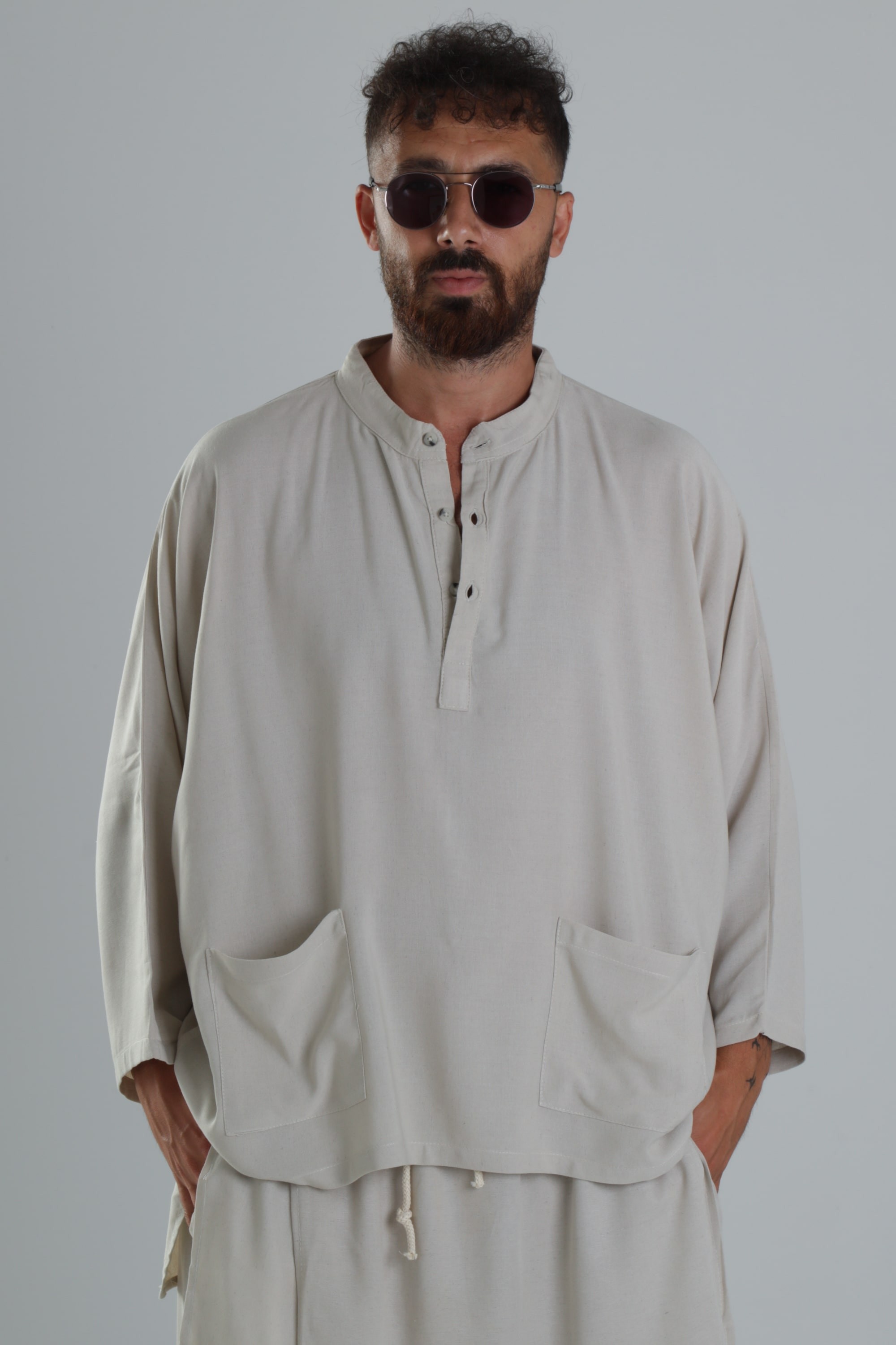 Keten Kumaş Oversize Bej Tasarım T-Shirt