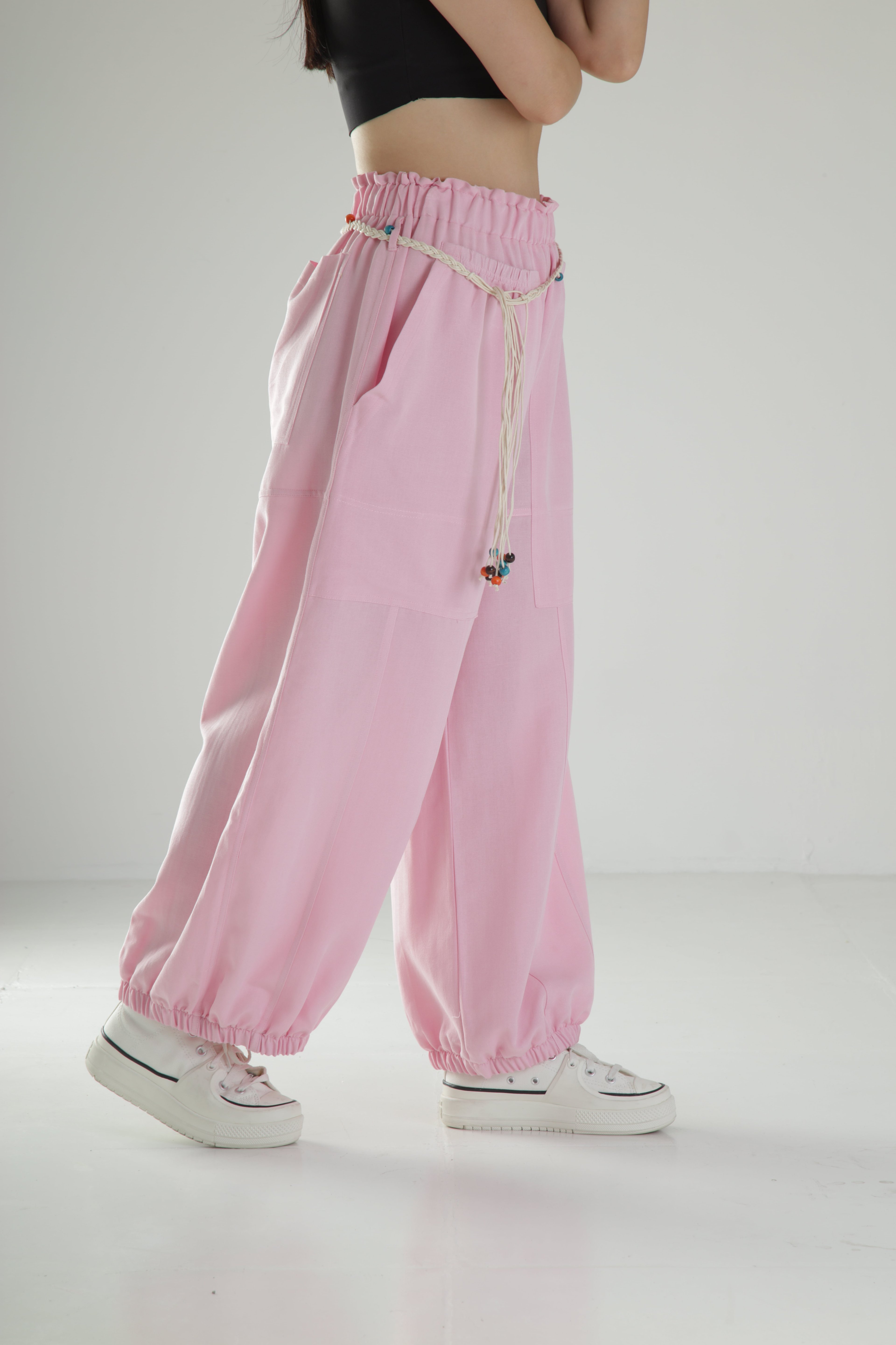 Tasarım Keten Pembe Baggy Pantolon